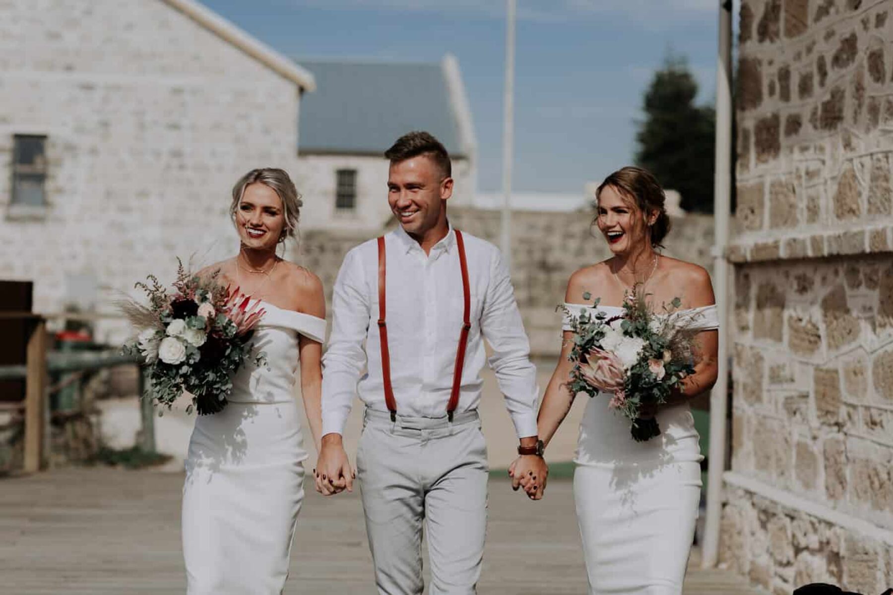 modern bridesmaid (and 'bromaid') in white dresses