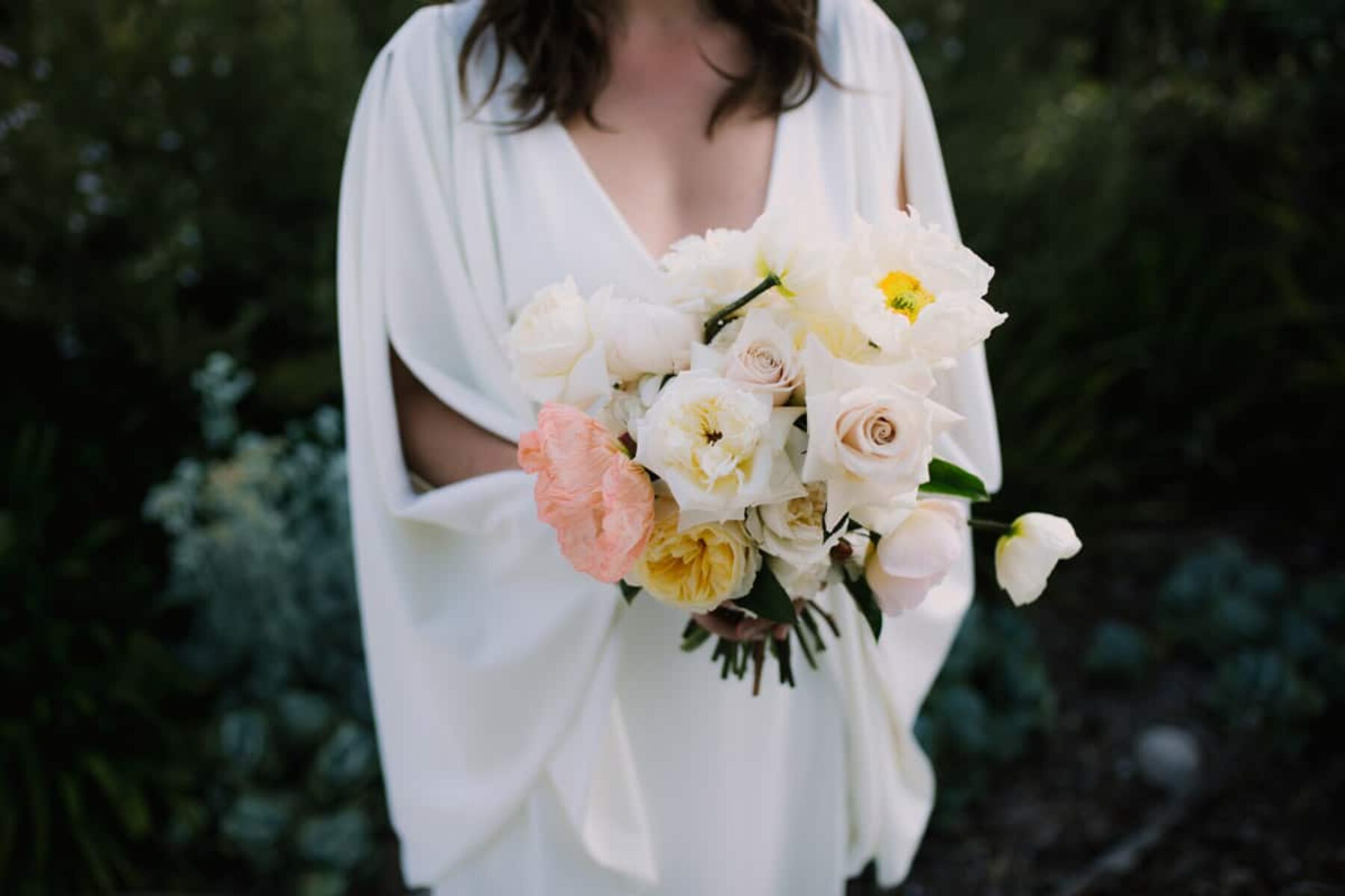 peach, white and yellow bouquet with poppies