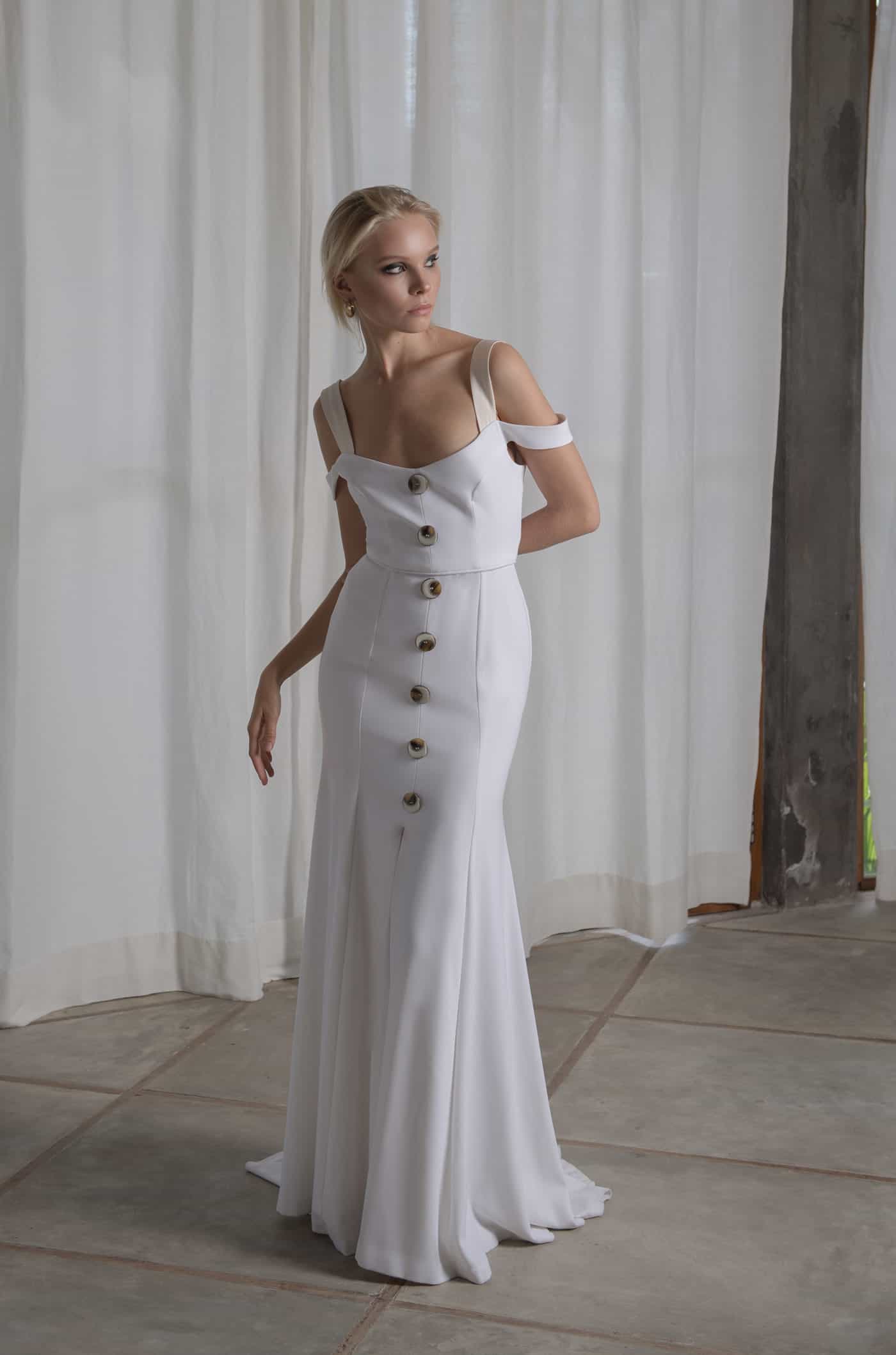 Modern, minimal wedding dress by Lola Varma bridal