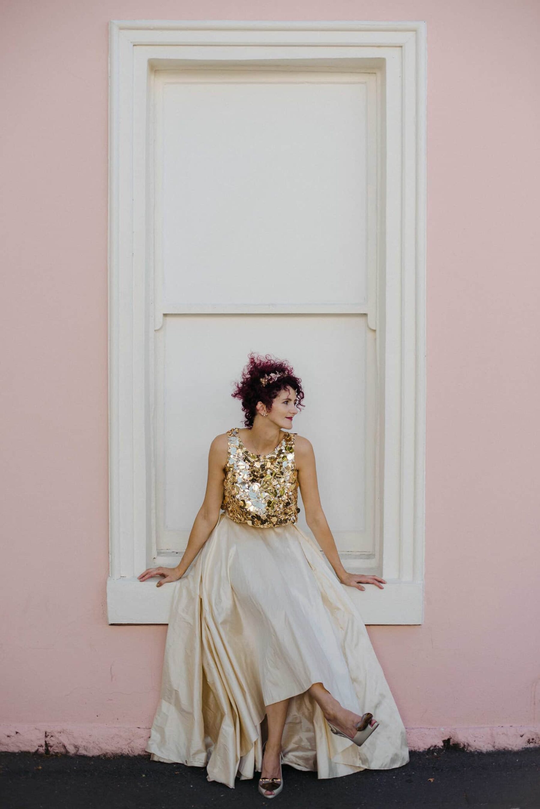 two-piece wedding dress with gold sequin crop top