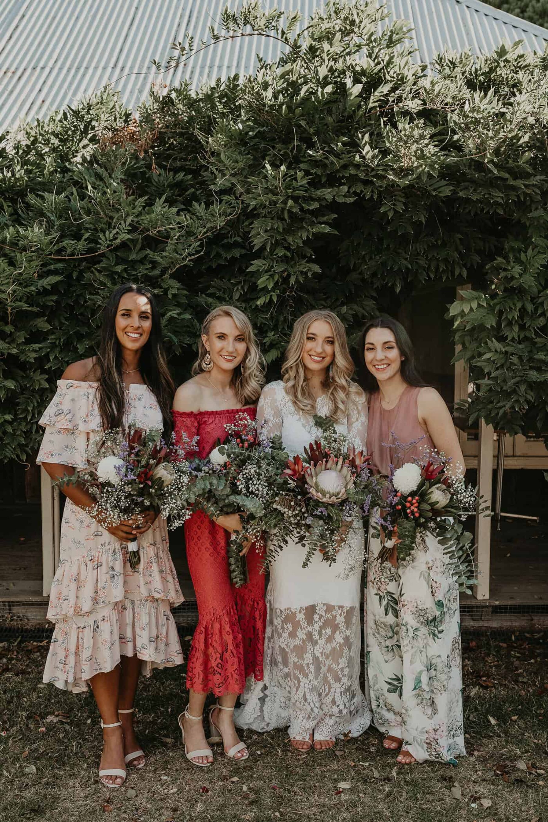 boho bridesmaids in mismatched dresses