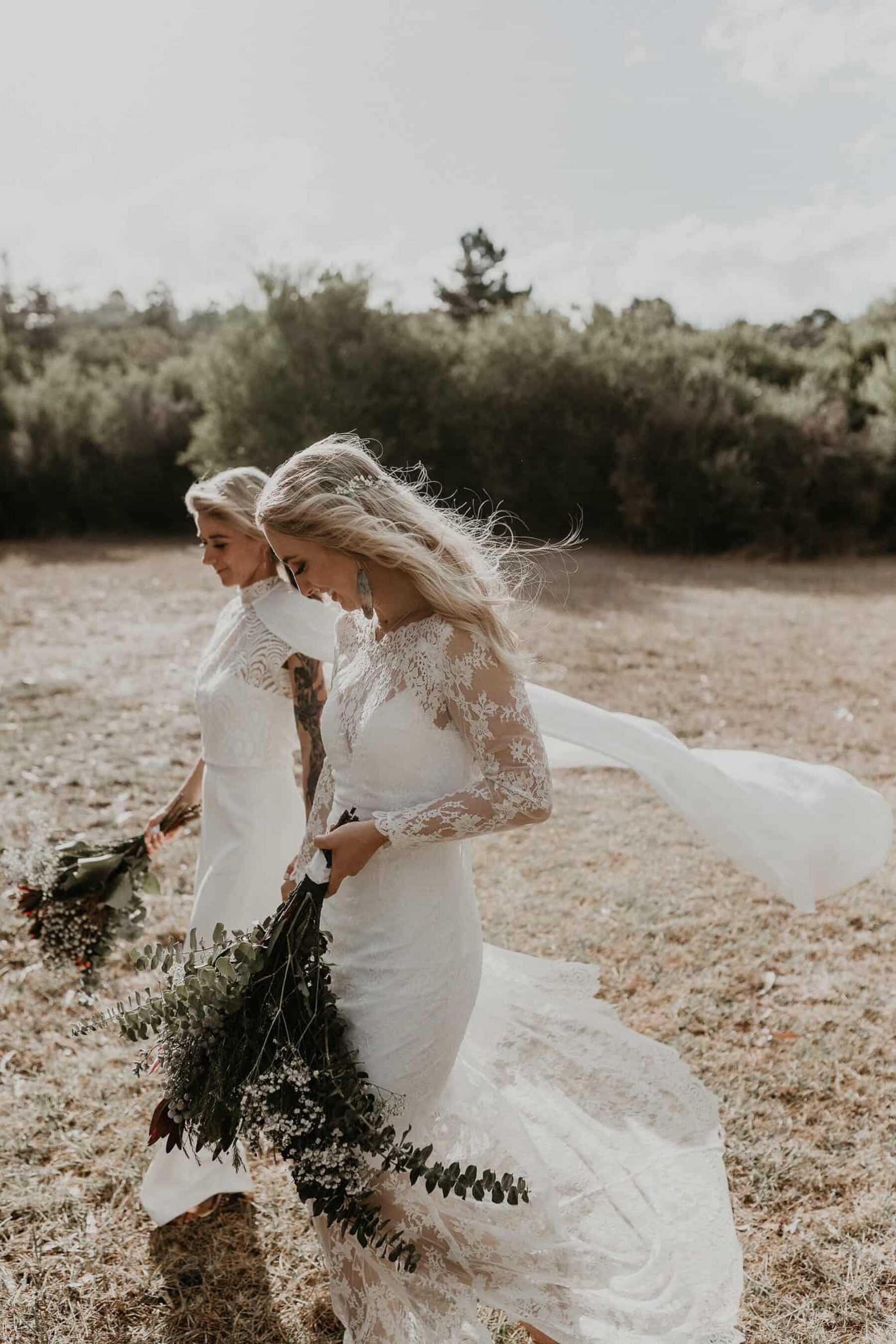 boho bride + bride with king protea bouquets