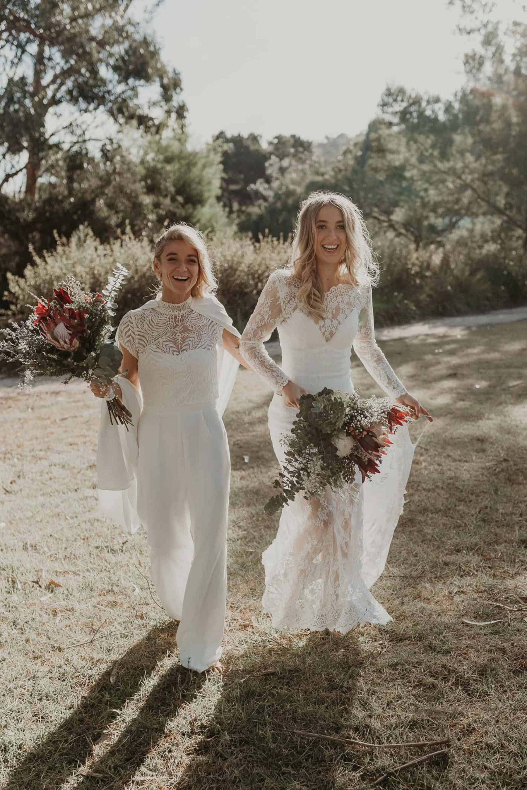 boho bride + bride with king protea bouquets