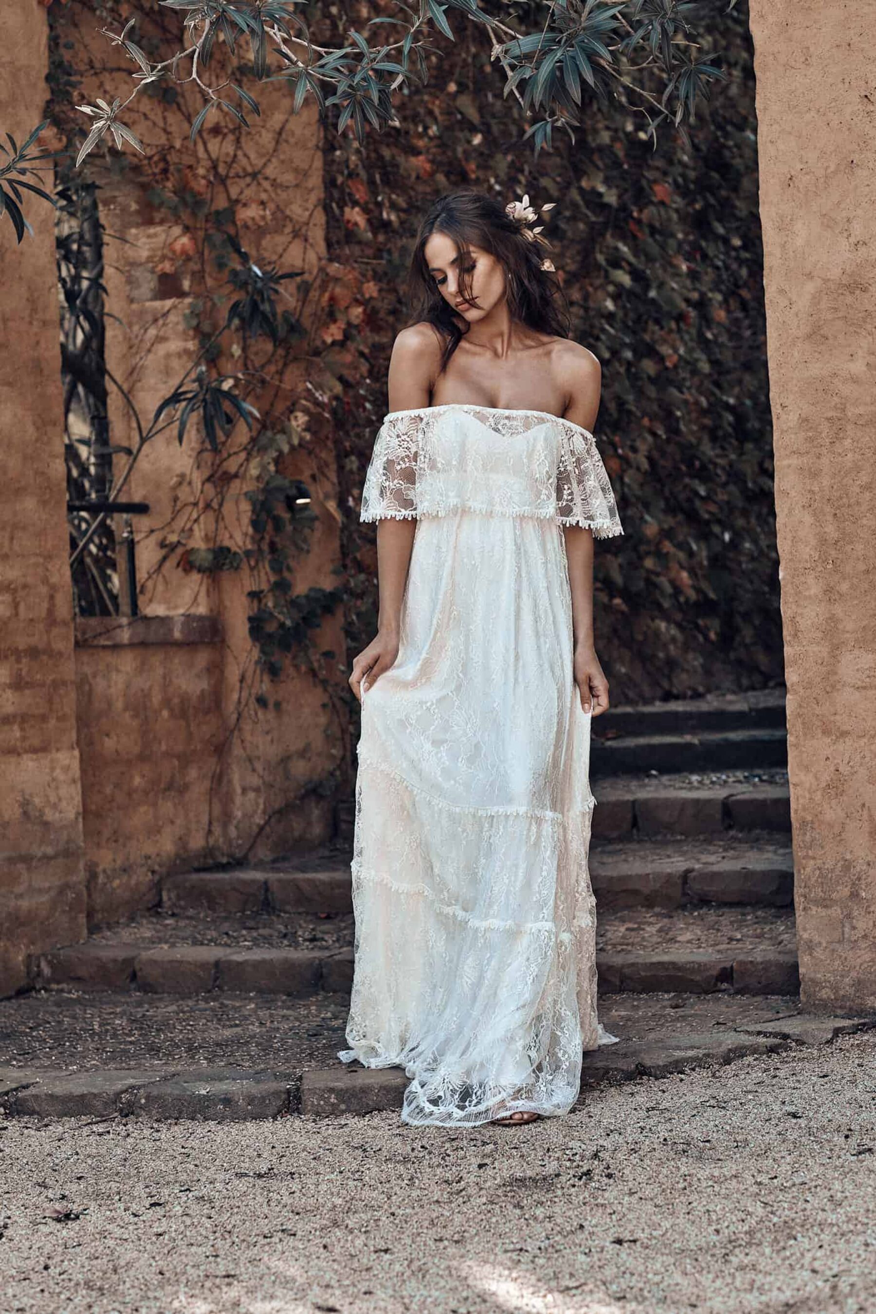 boho off-shoulder wedding dress by Grace Loves Lace