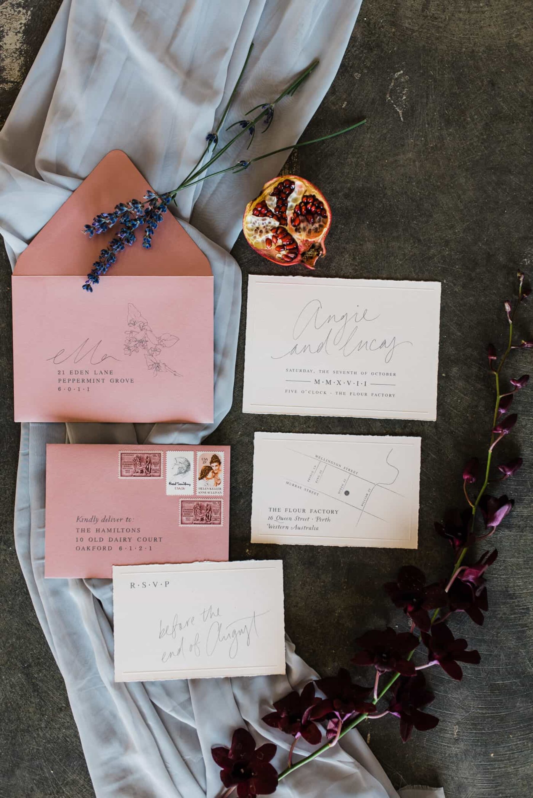 hand lettered blush wedding invitations
