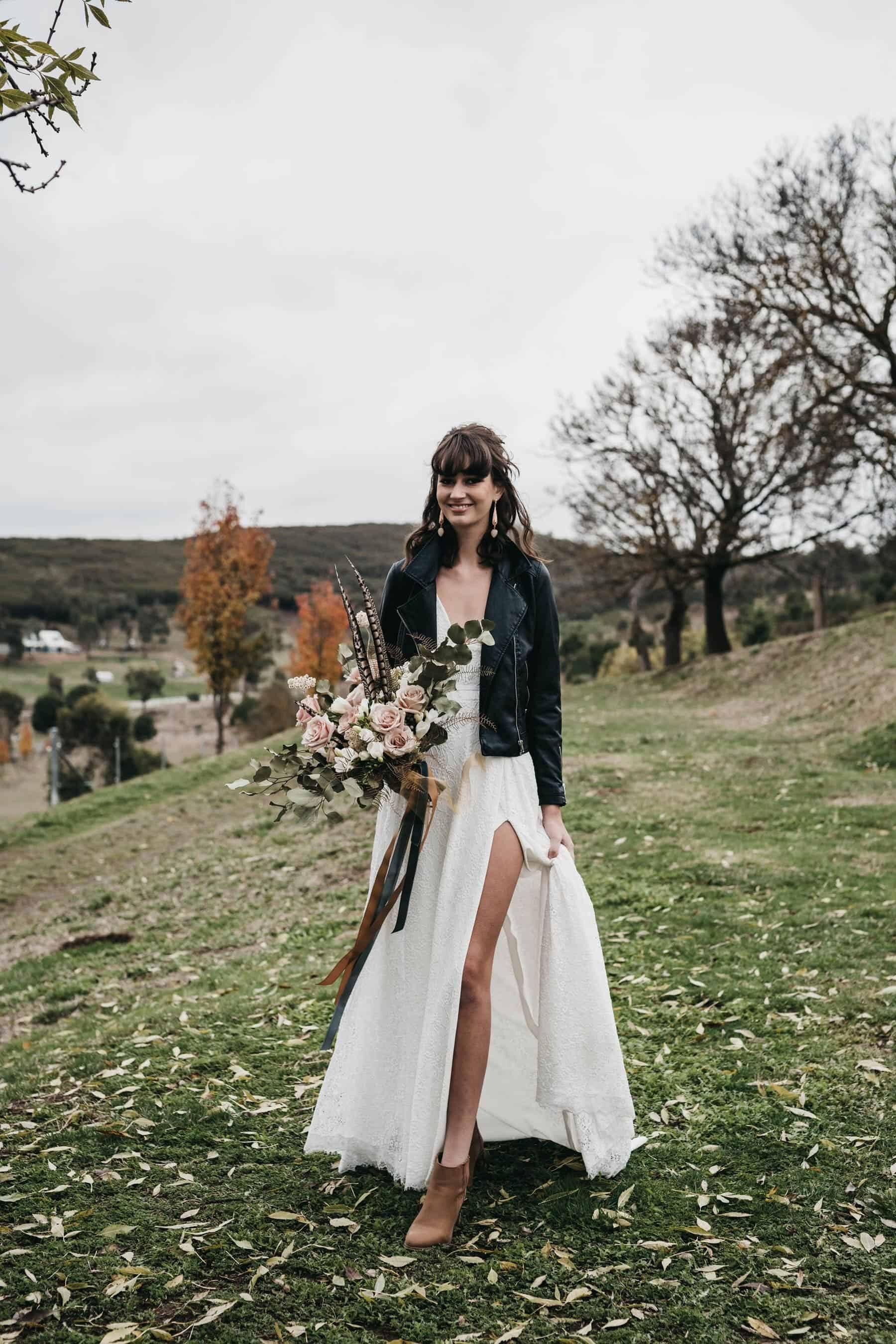 boho bride with black leather jacket