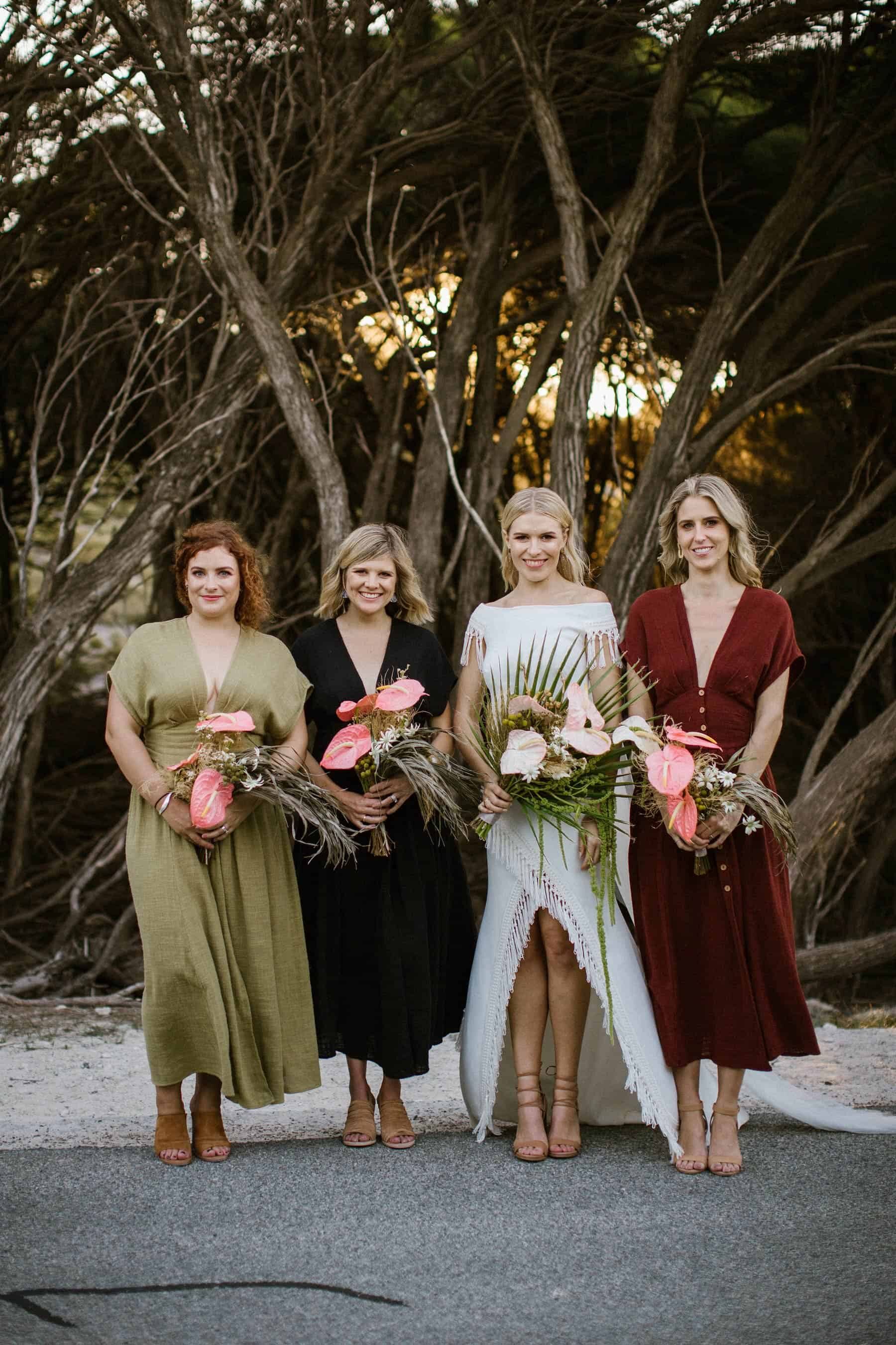 mismatched bridesmaids in maxi dresses from Free People