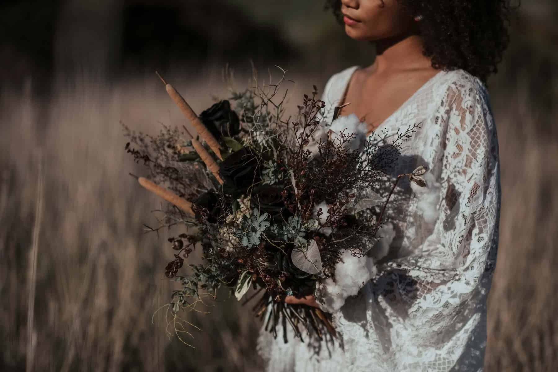 wild bridal bouquet with bullrushes, grasses and coastal flora