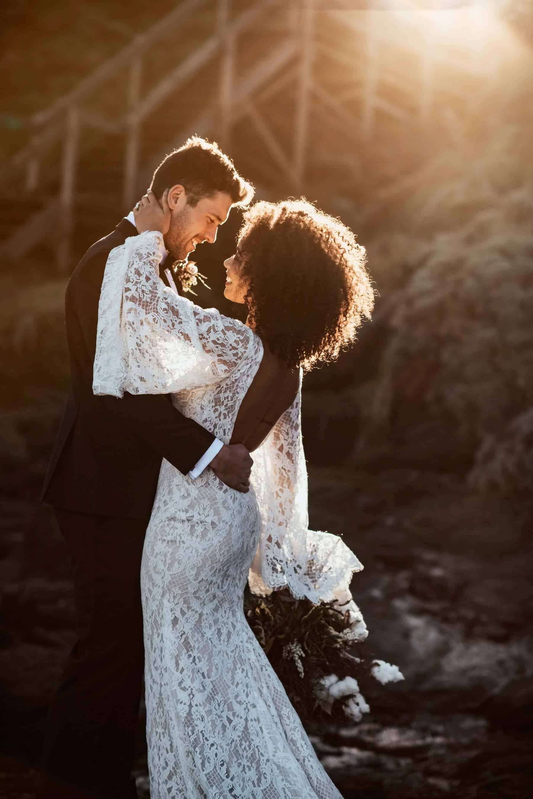 boho bride in lace bell sleeve wedding dress