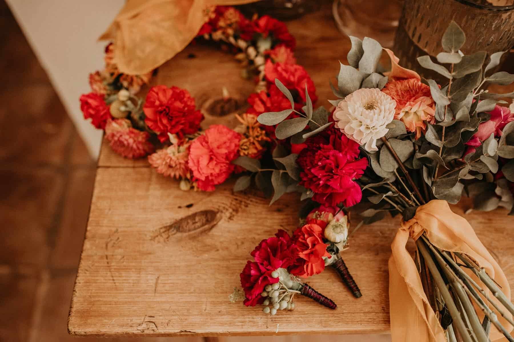 red flower crown for a boho bride