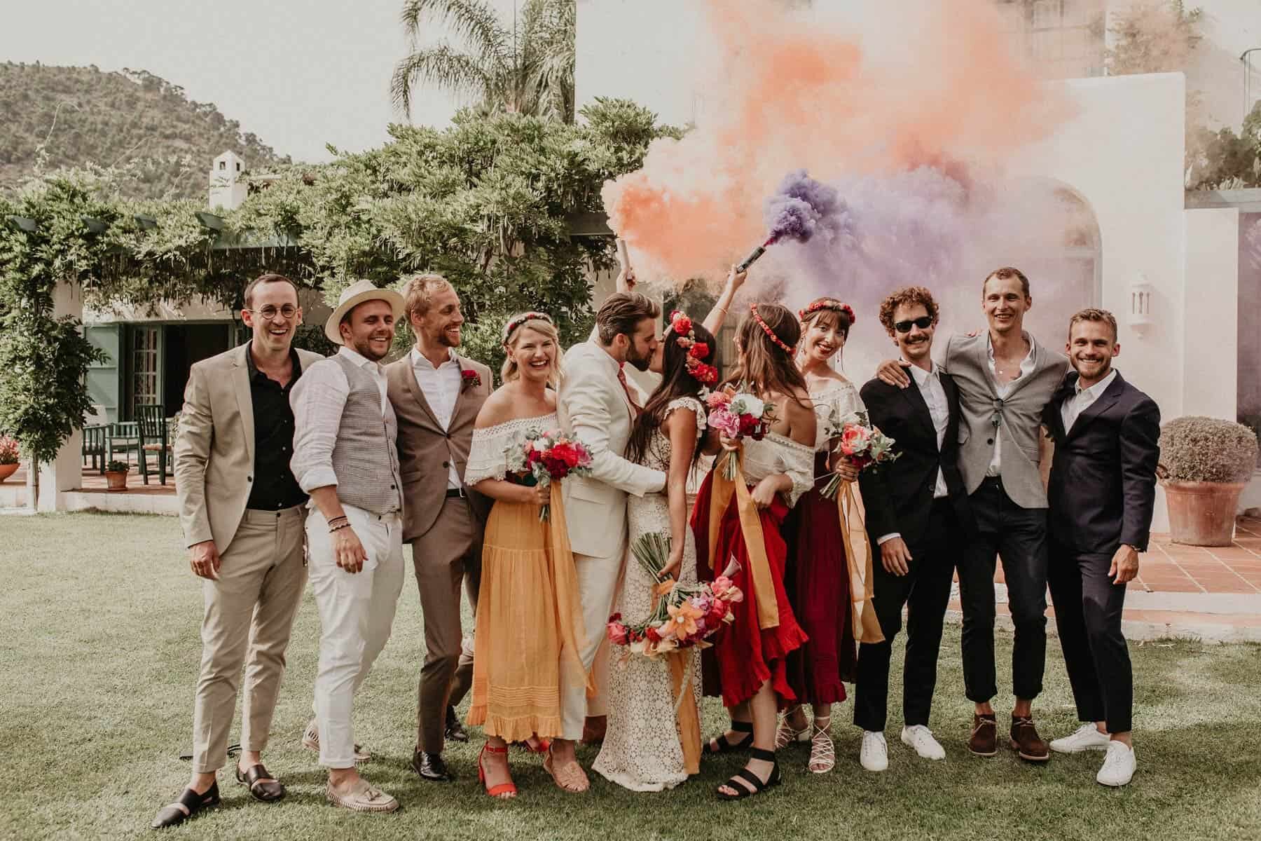 vibrant boho Mexican wedding with colour smoke bombs