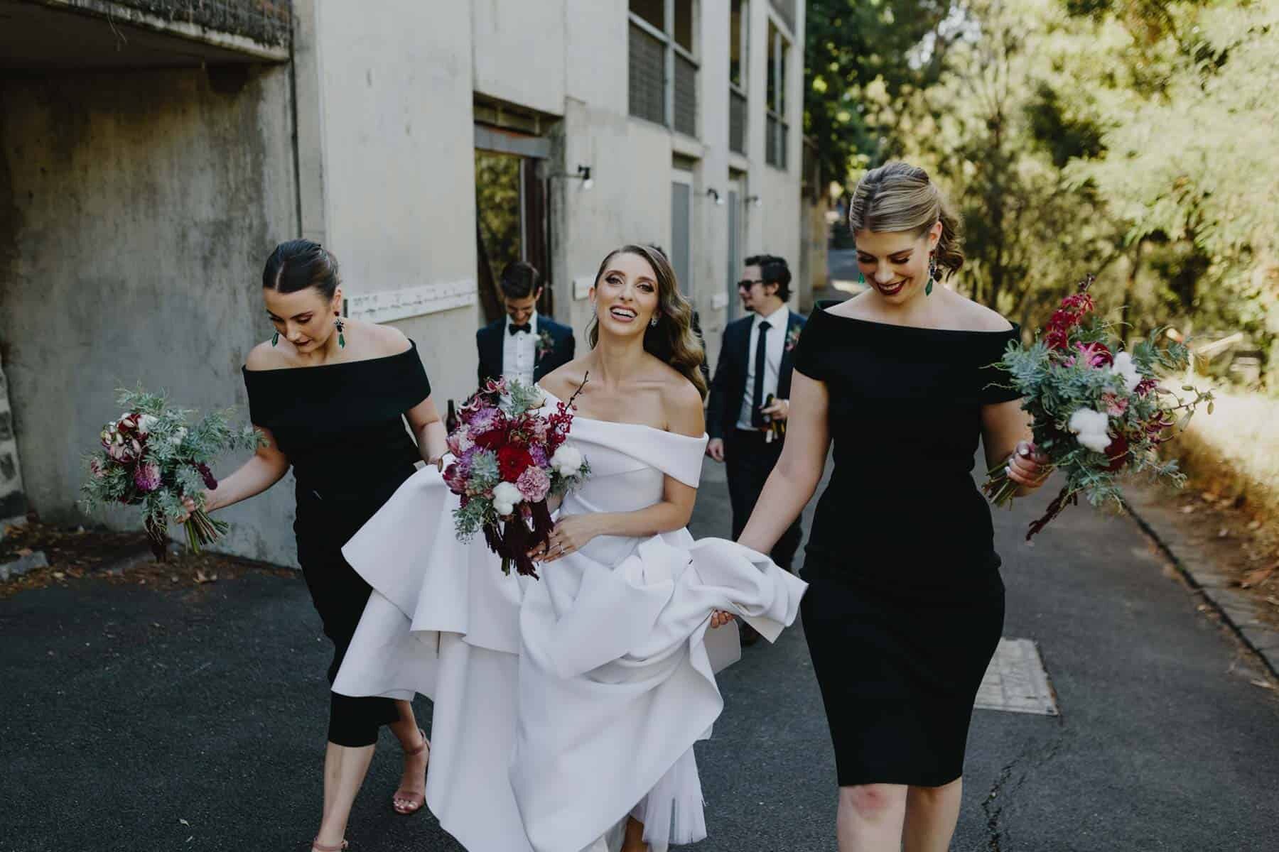 black off-shoulder bridesmaid dresses