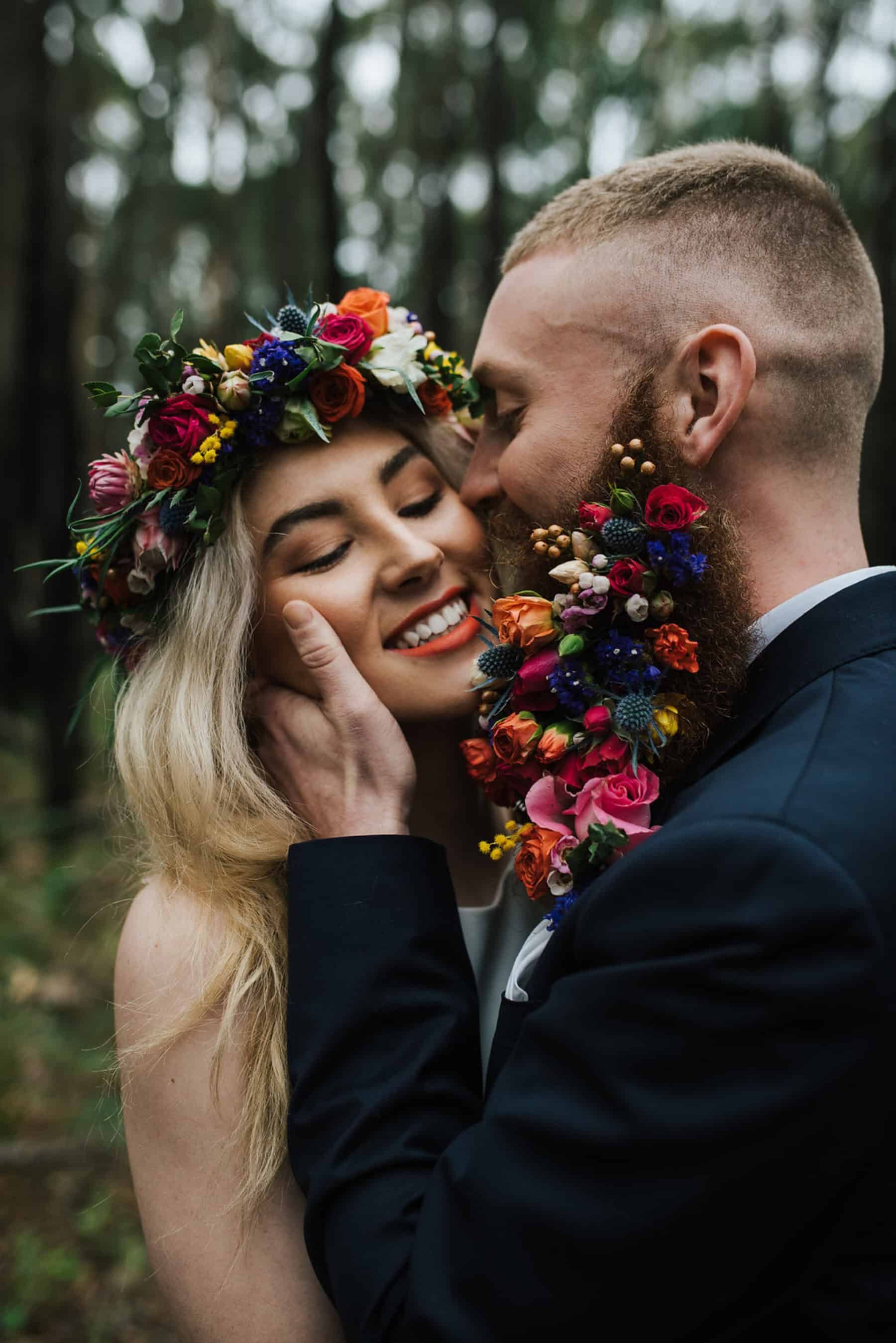 Best of 2018: bouquets. bride with flower crown and groom with floral beard