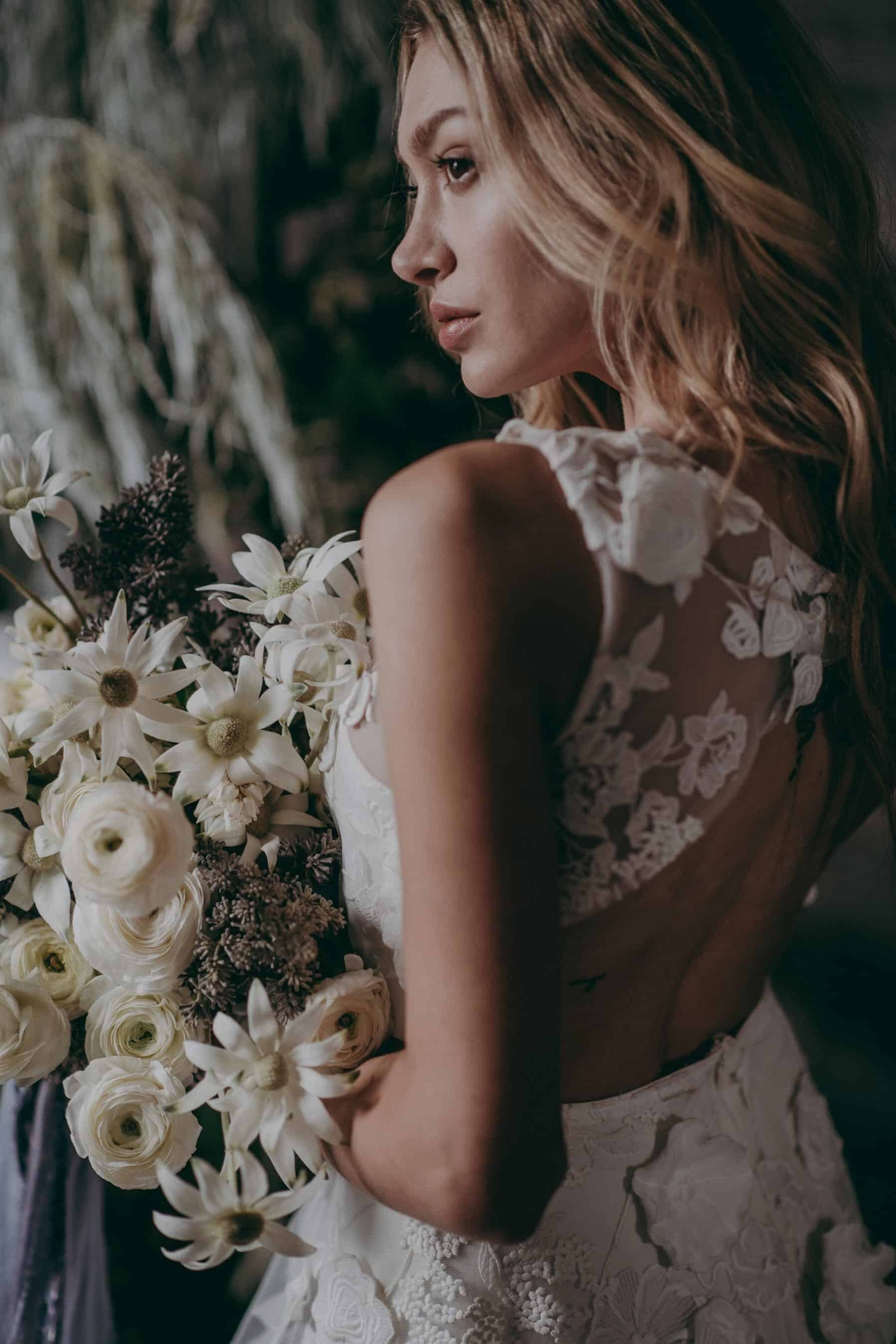 floral wedding dress with open back