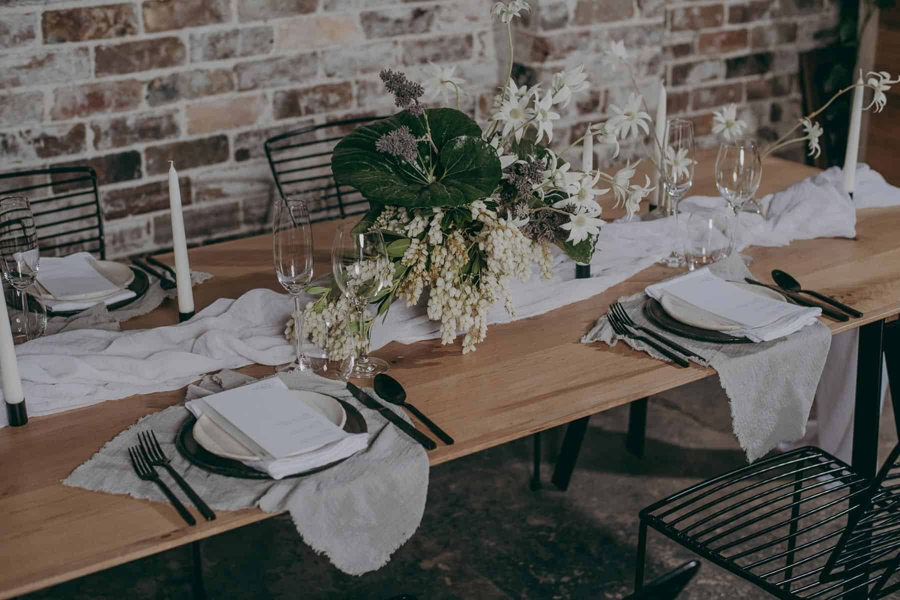 organic table setting for an industrial wedding