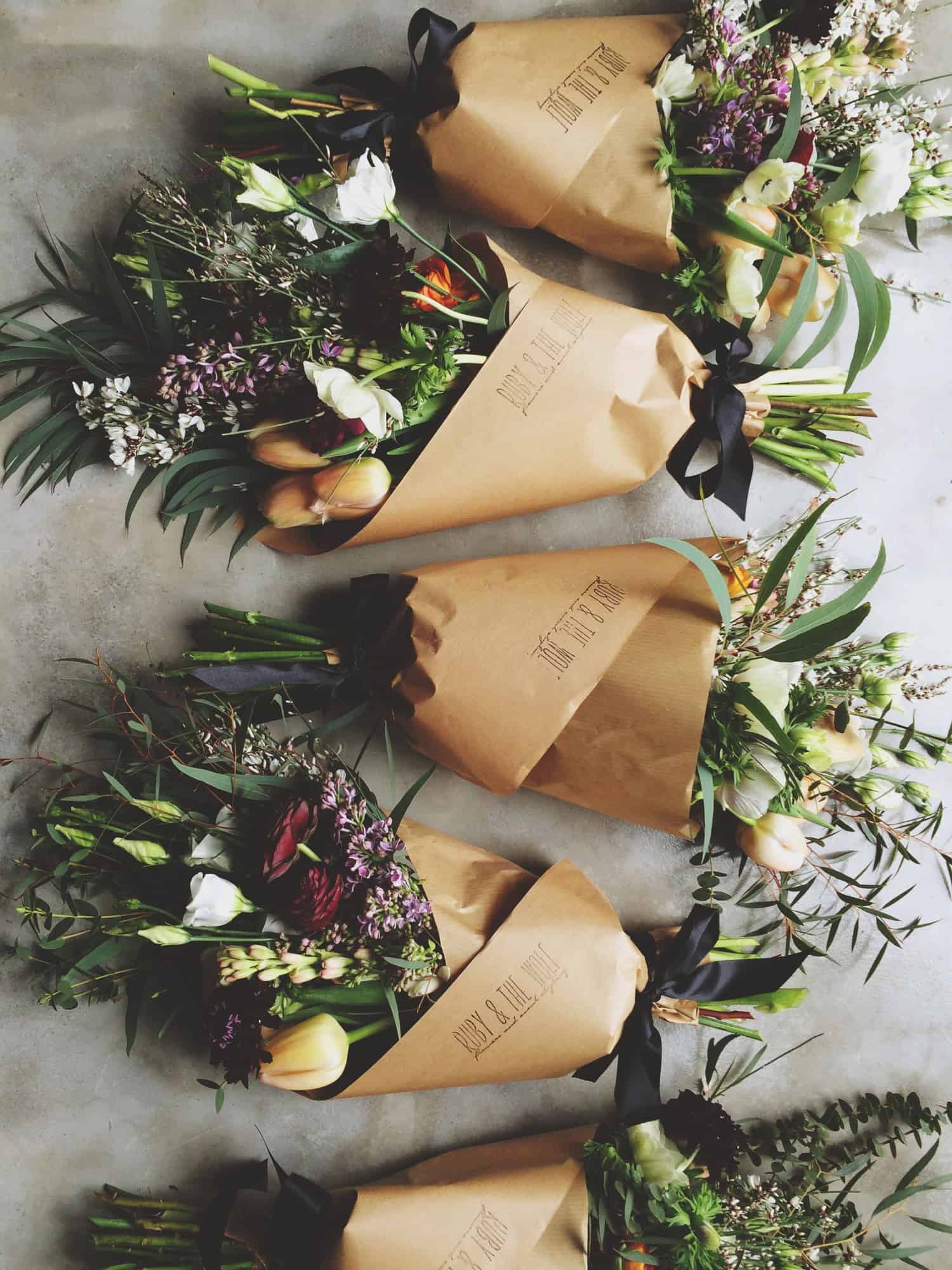 flower posies wrapped in brown paper