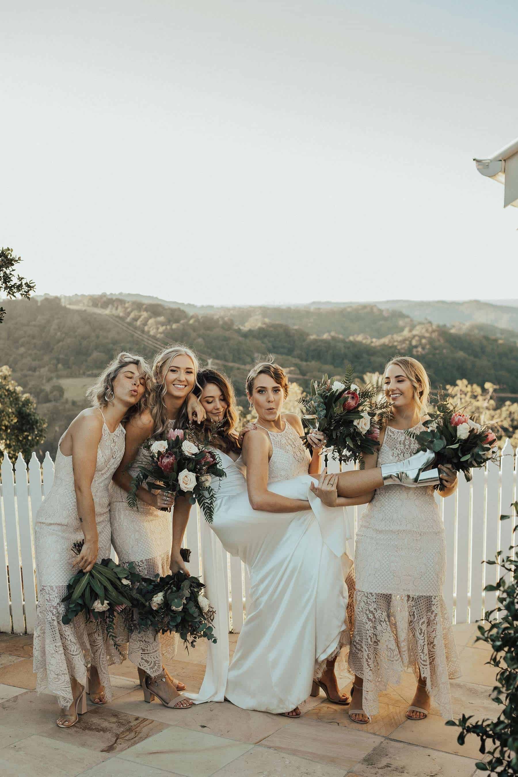 modern bride and lace bridesmaid dresses
