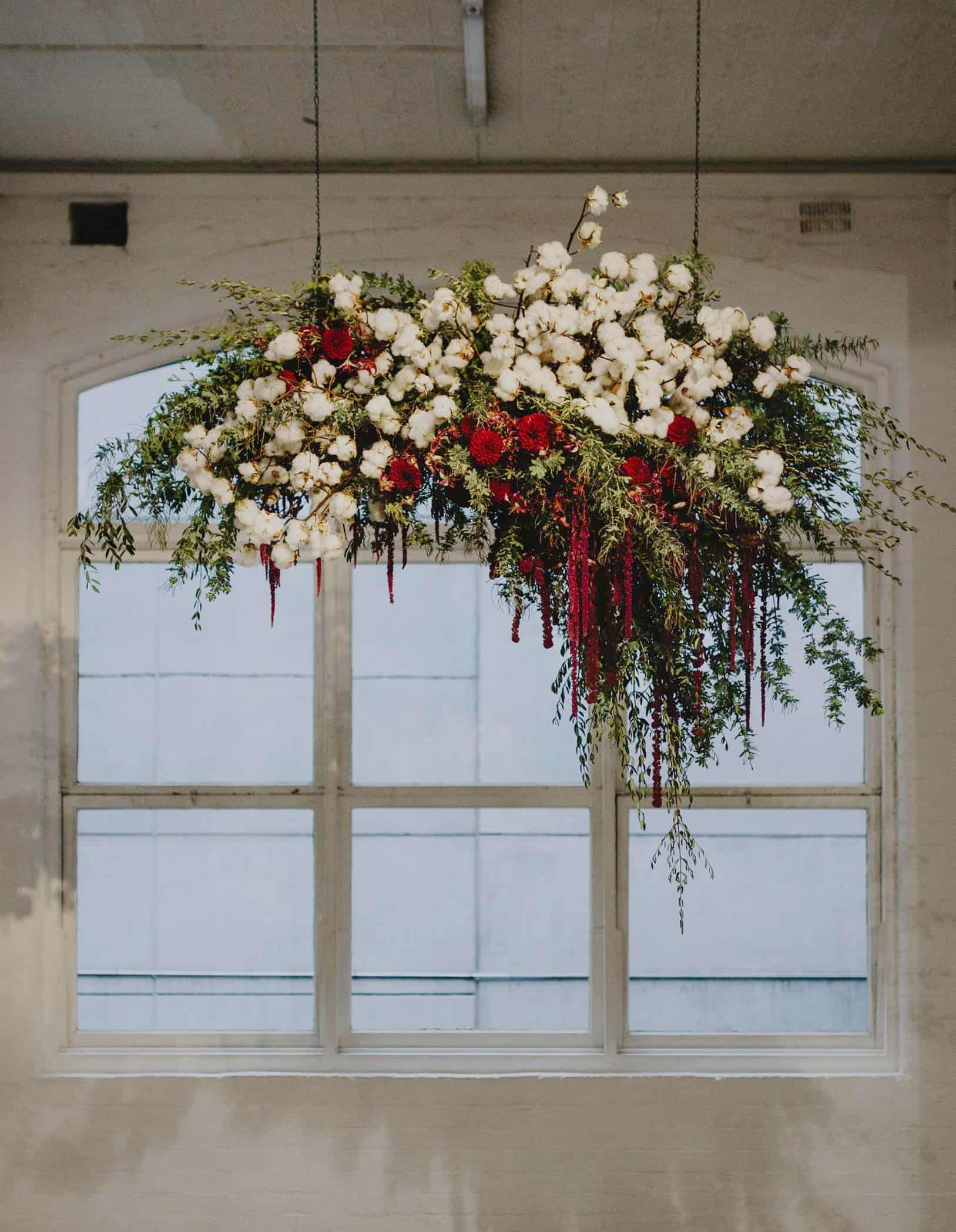 hanging floral installaton with cotton and amaranth