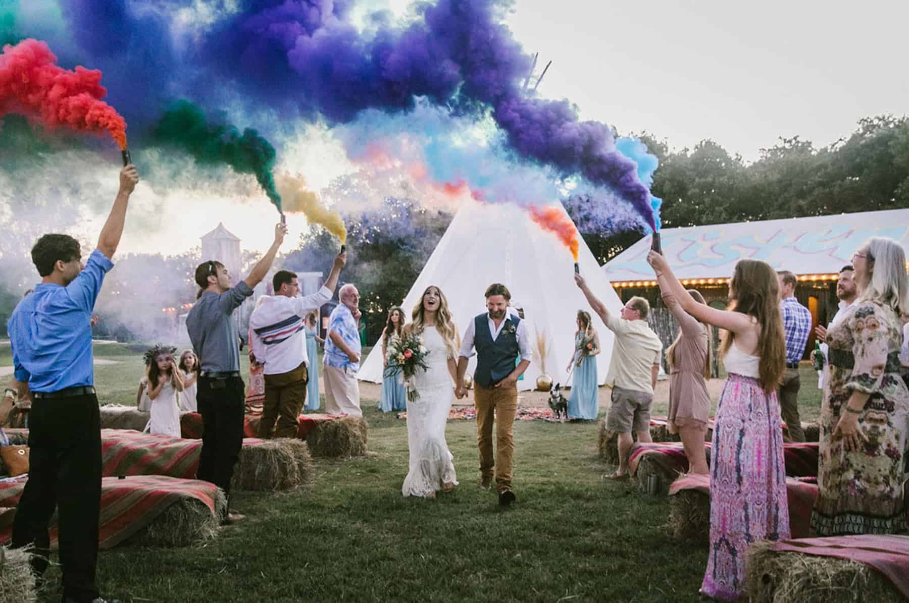 colourful smoke bomb wedding ceremony exit