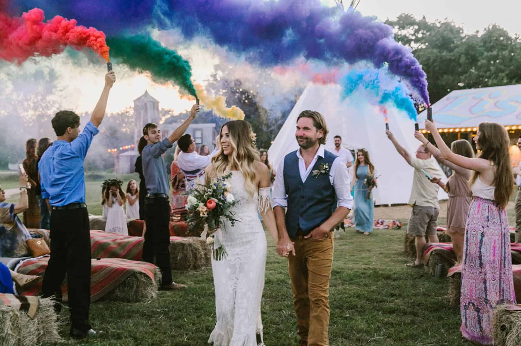 colourful smoke bomb wedding ceremony exit