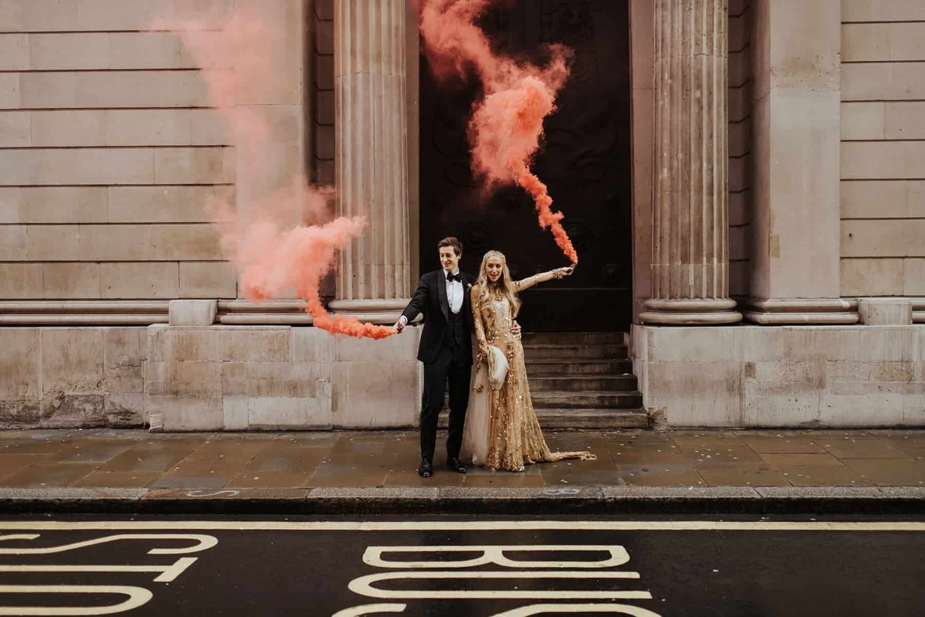 red Smoke bomb wedding photography