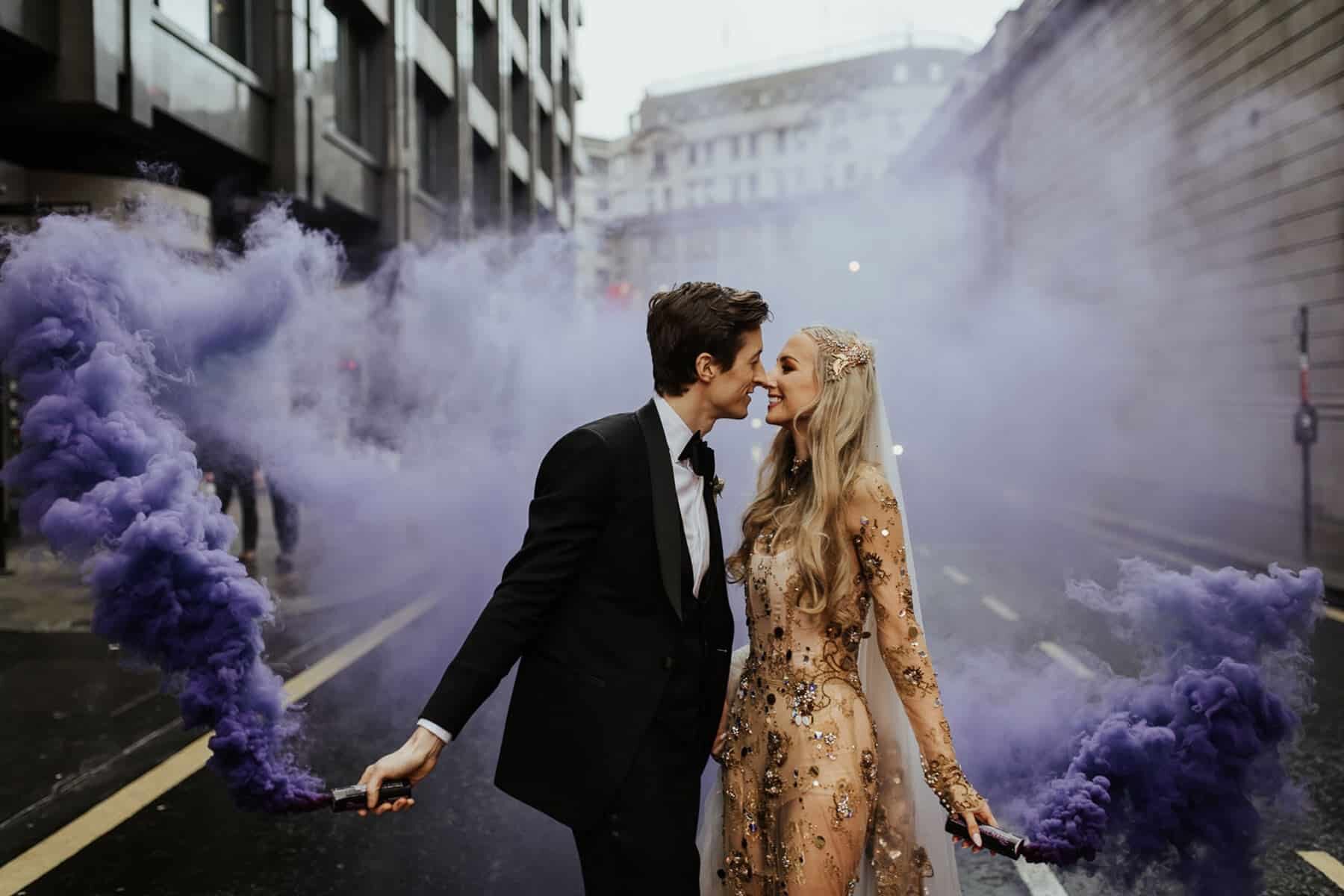 urban wedding with colour smoke bomb by Damien Milan
