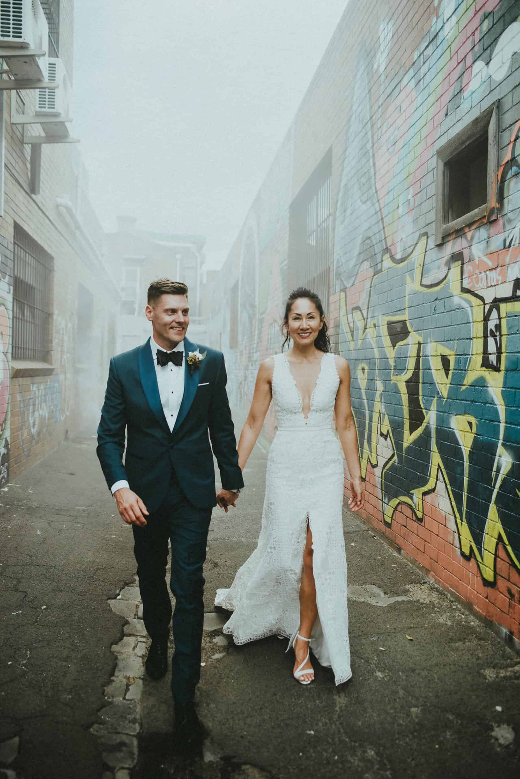 Melbourne laneways wedding with smoke bombs