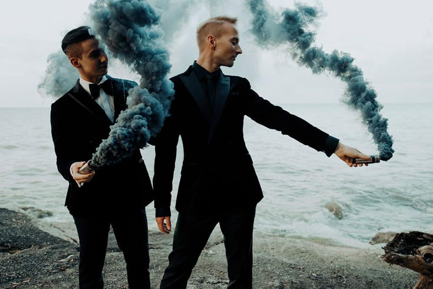 stylish gay wedding with smoke bombs