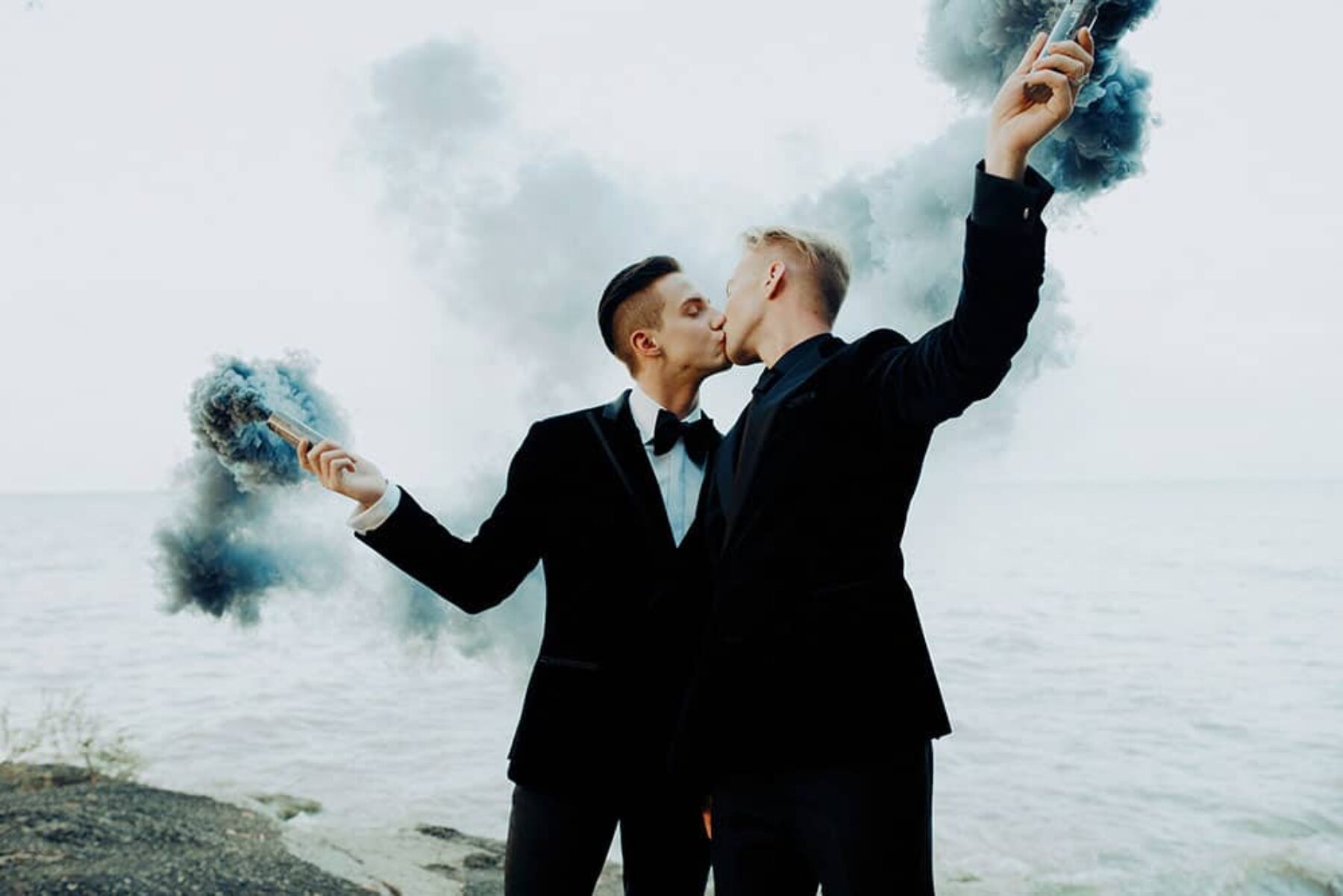 stylish gay wedding with smoke bombs