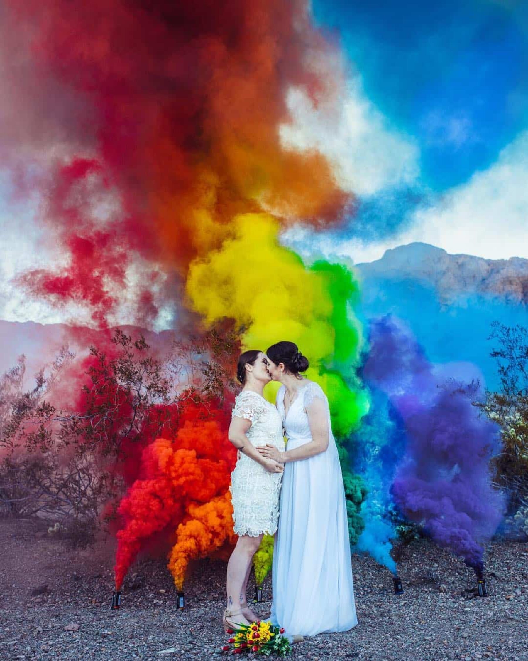 rainbow smoke bomb lesbian wedding