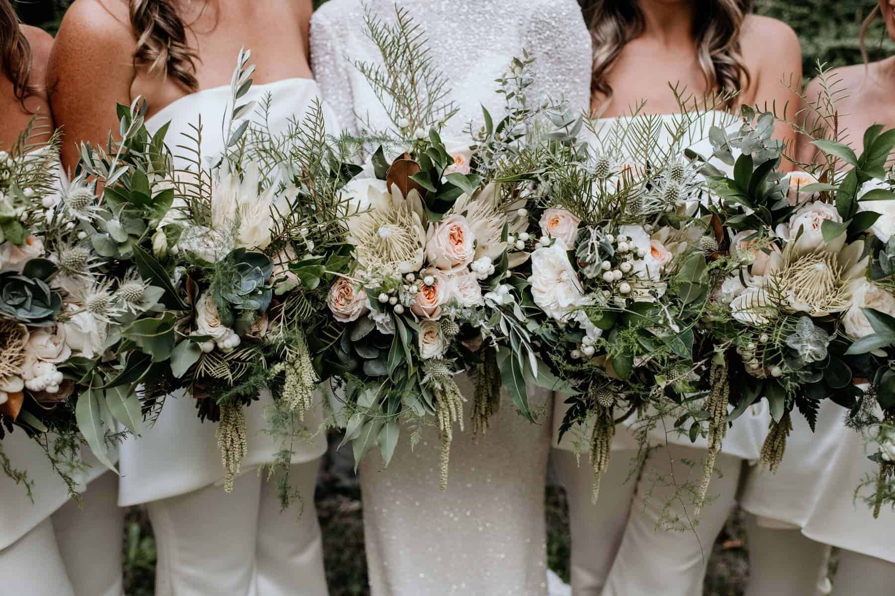 bridal and bridesmaid bouquets in blush