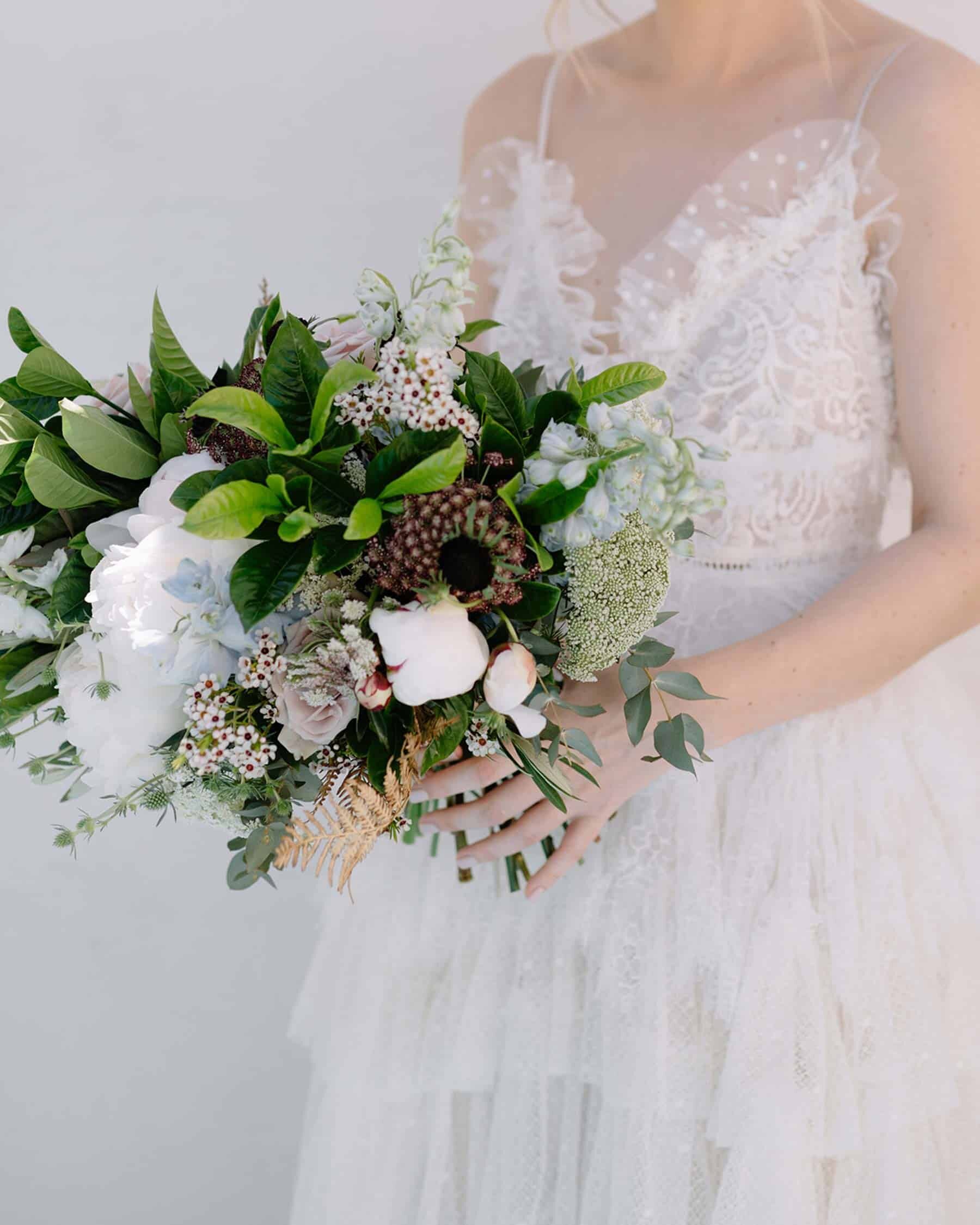 unstructured green and white bridal bouquet