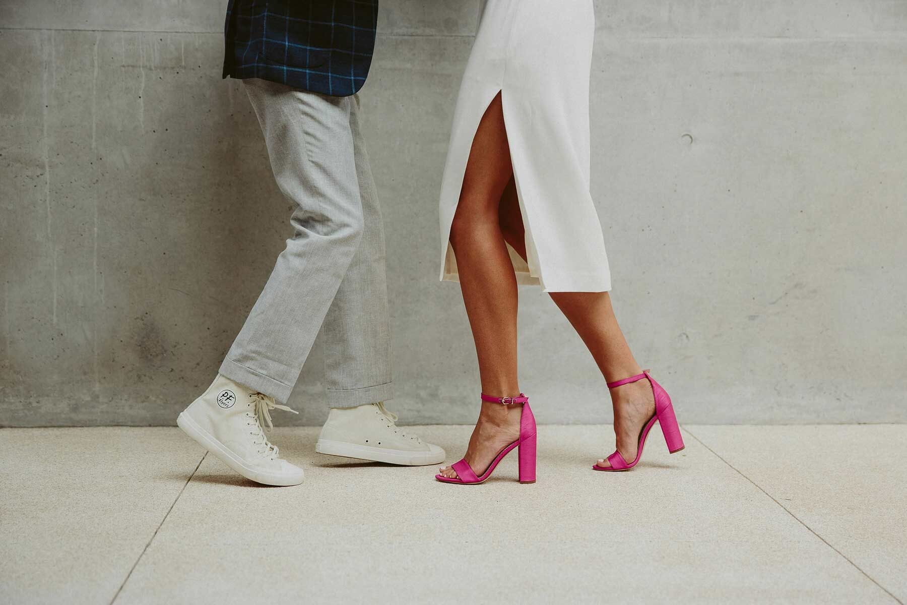 cool wedding shoes - pink heels and PF Flyers