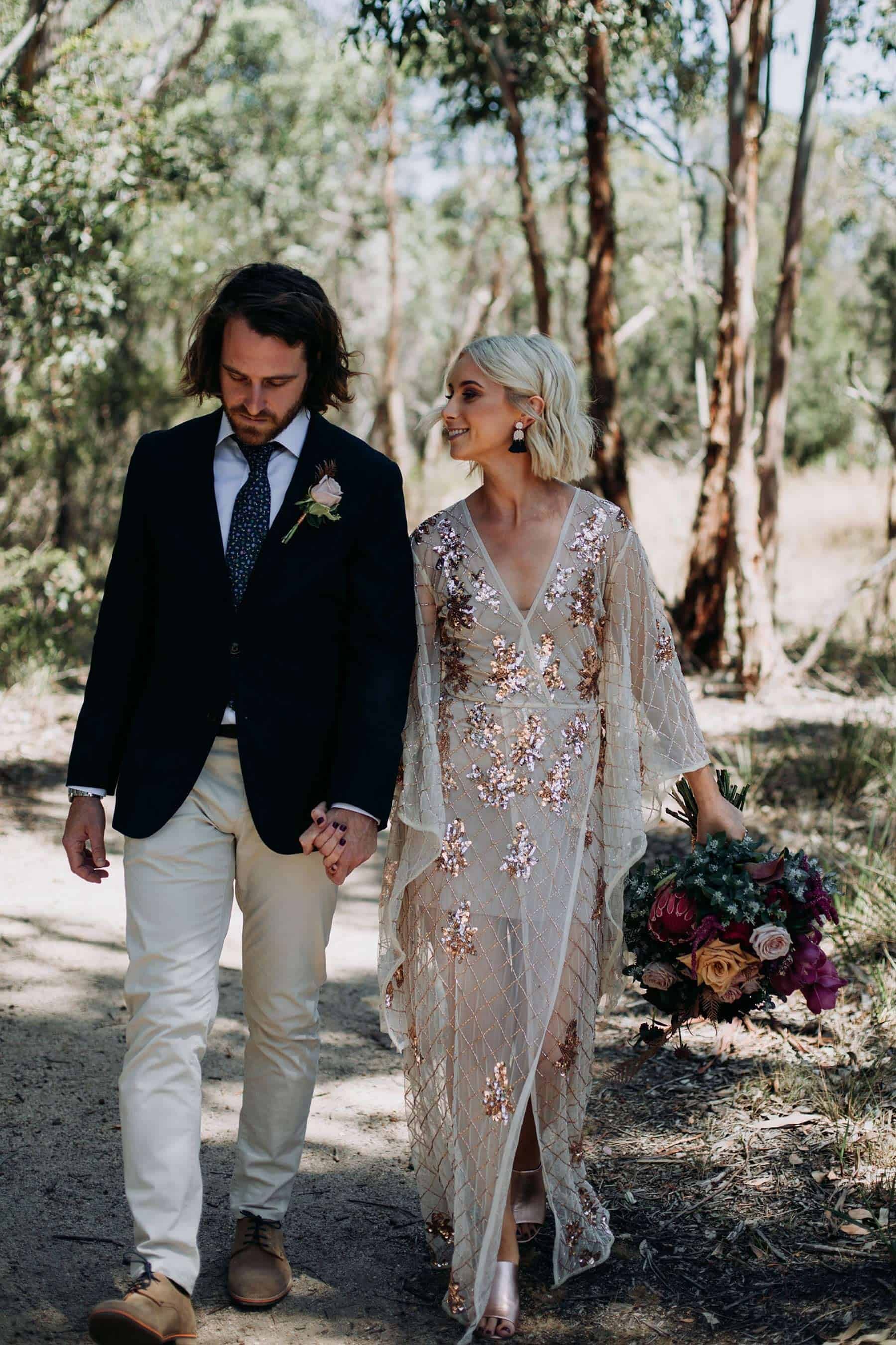 boho rose gold wedding dress with flared long sleeves