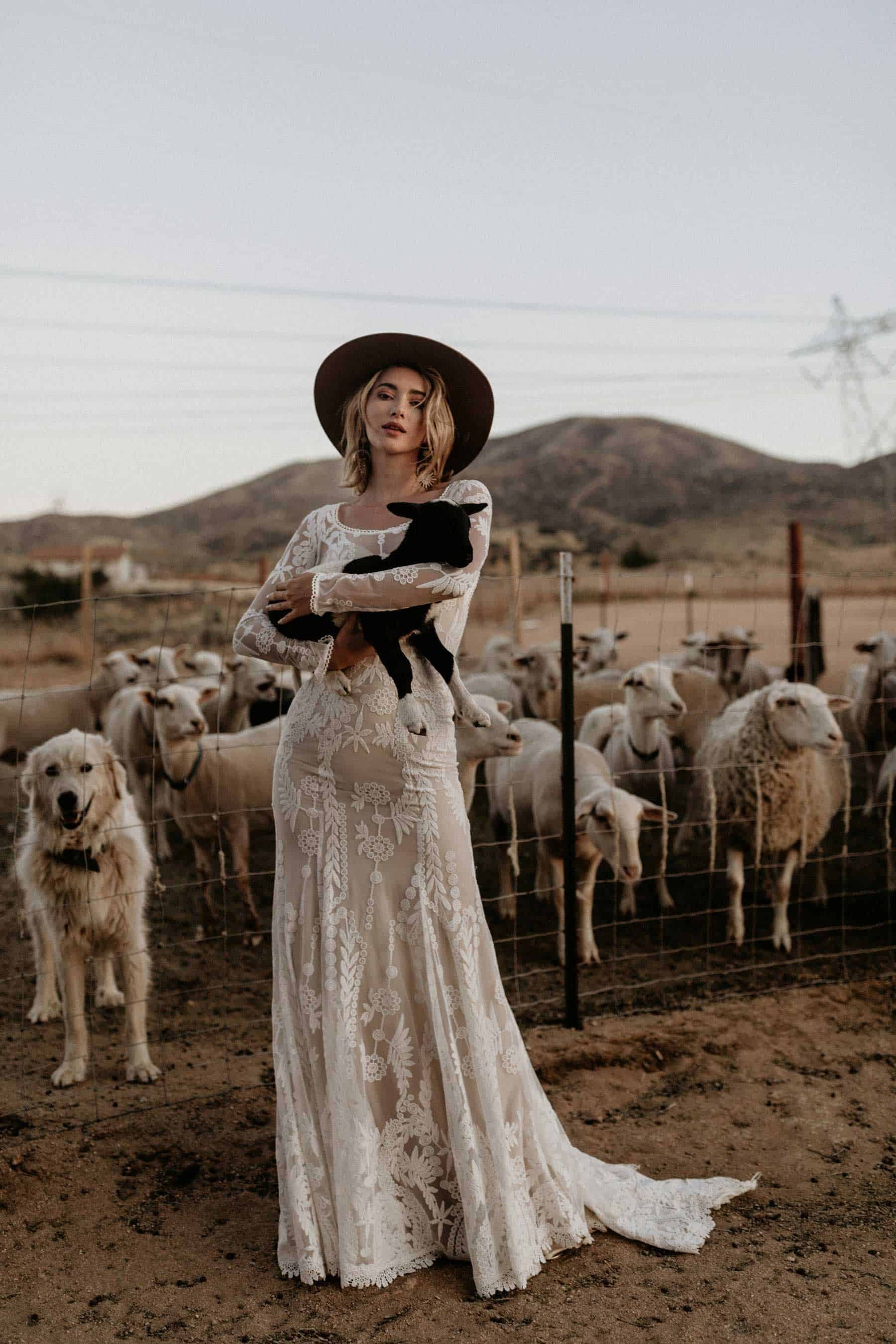 indie bride holding a lamb
