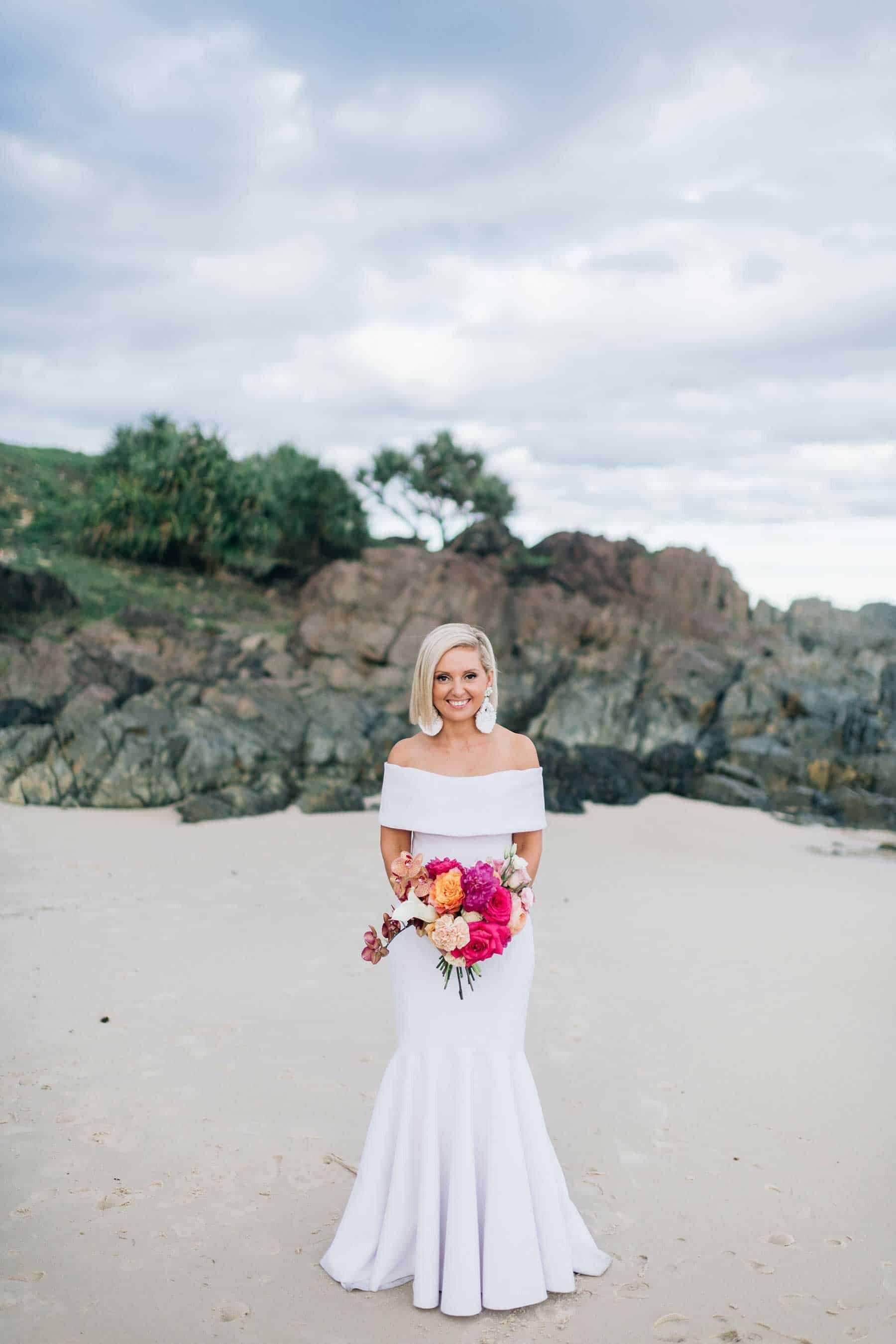 modern bride in minimal off-shoulder dress