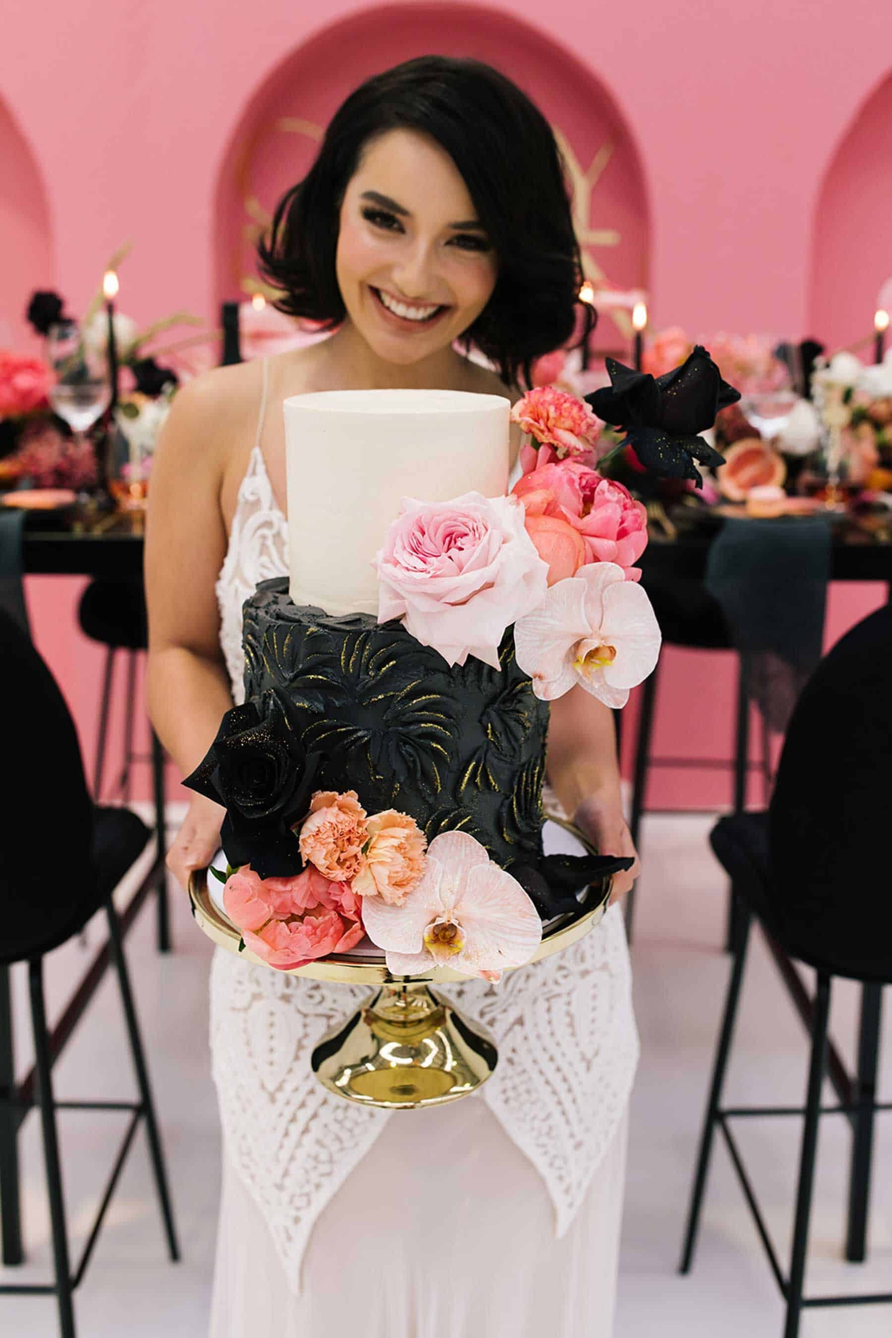modern pink and black wedding cake