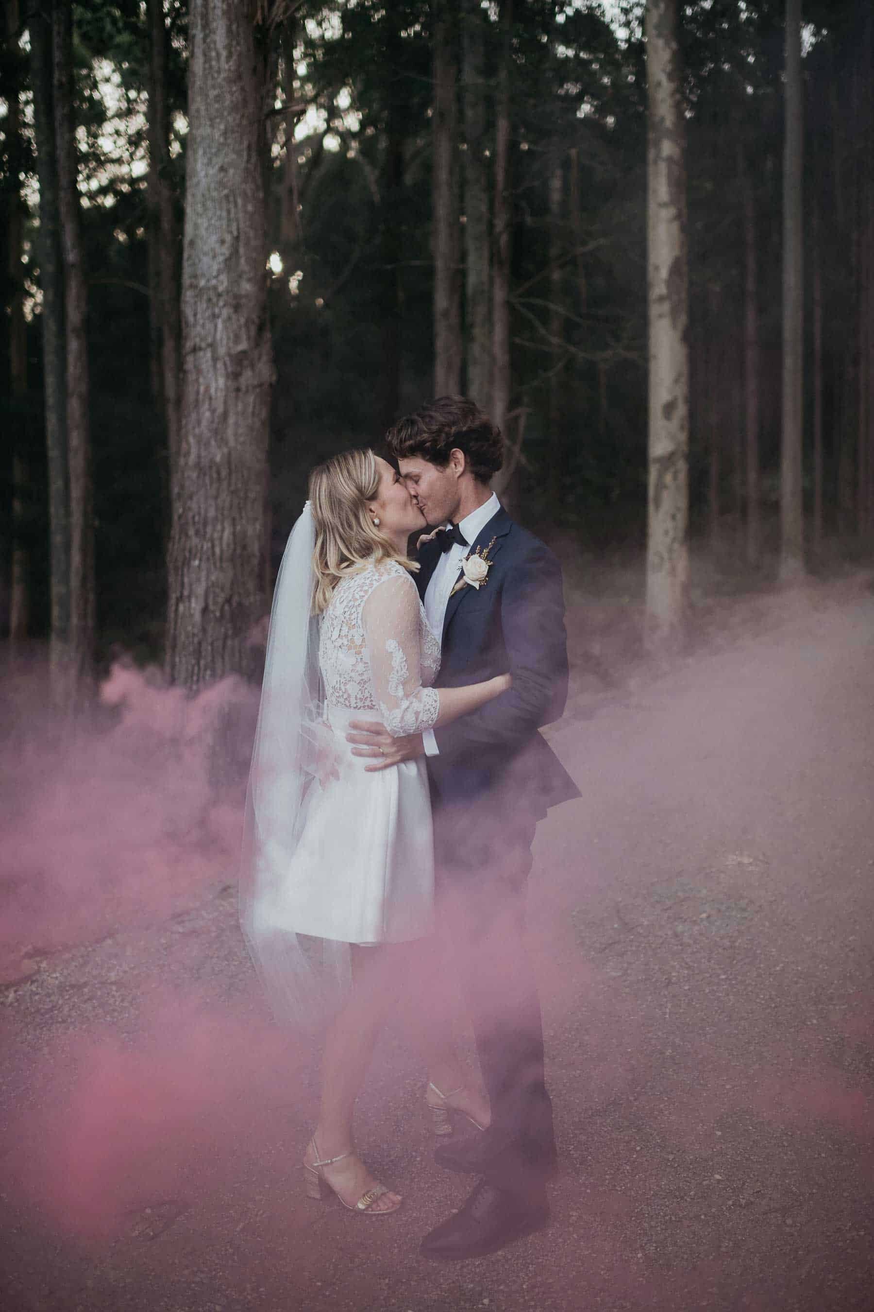 pink smoke bomb wedding photography
