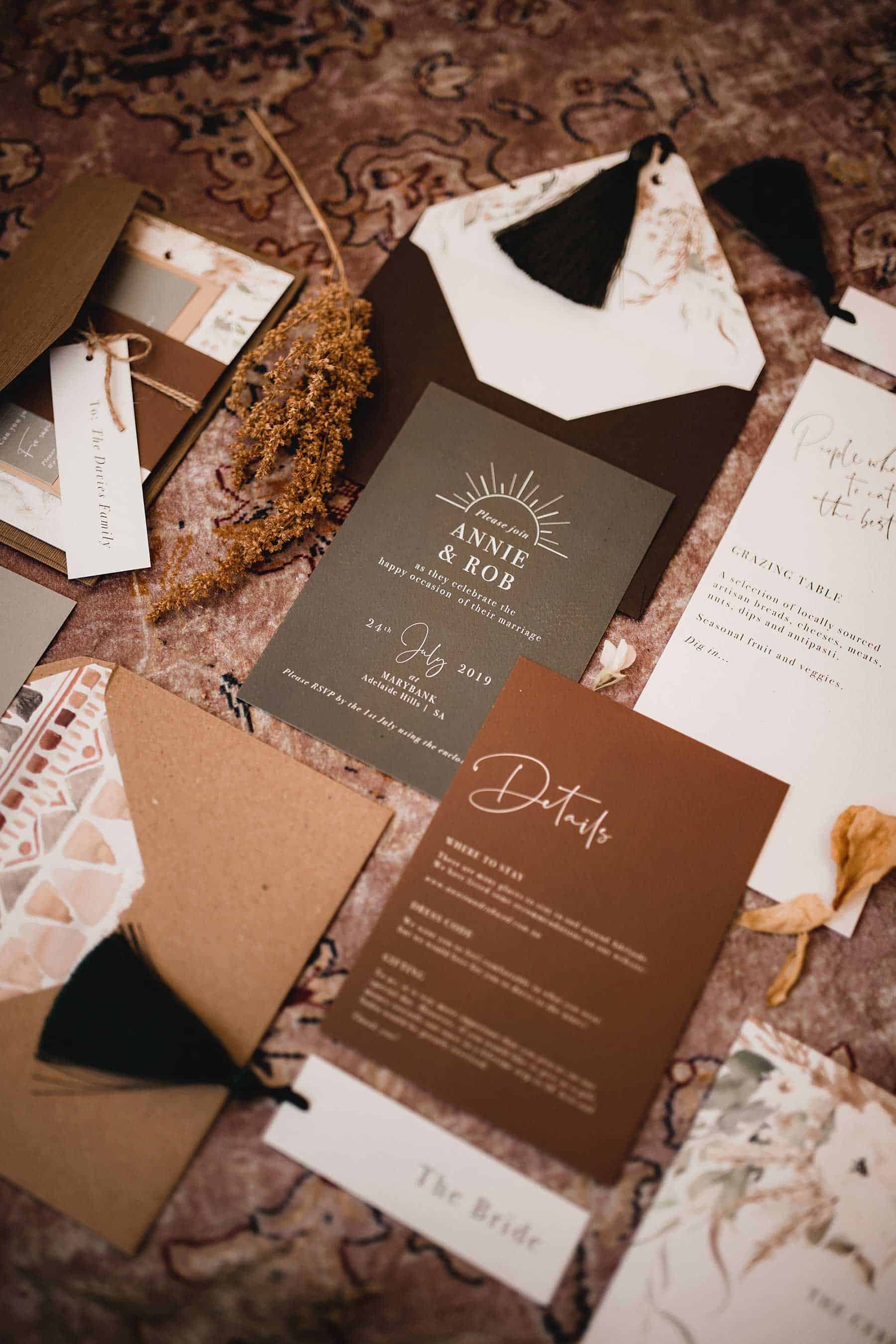 boho earthy wedding invitations with tassel detail
