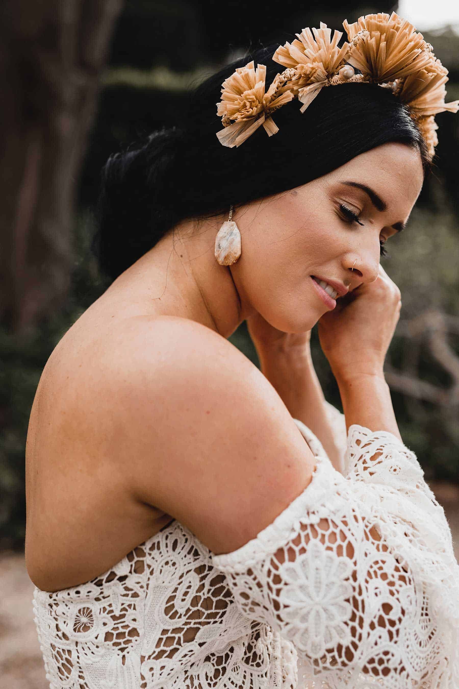 boho bride with crown headpiece