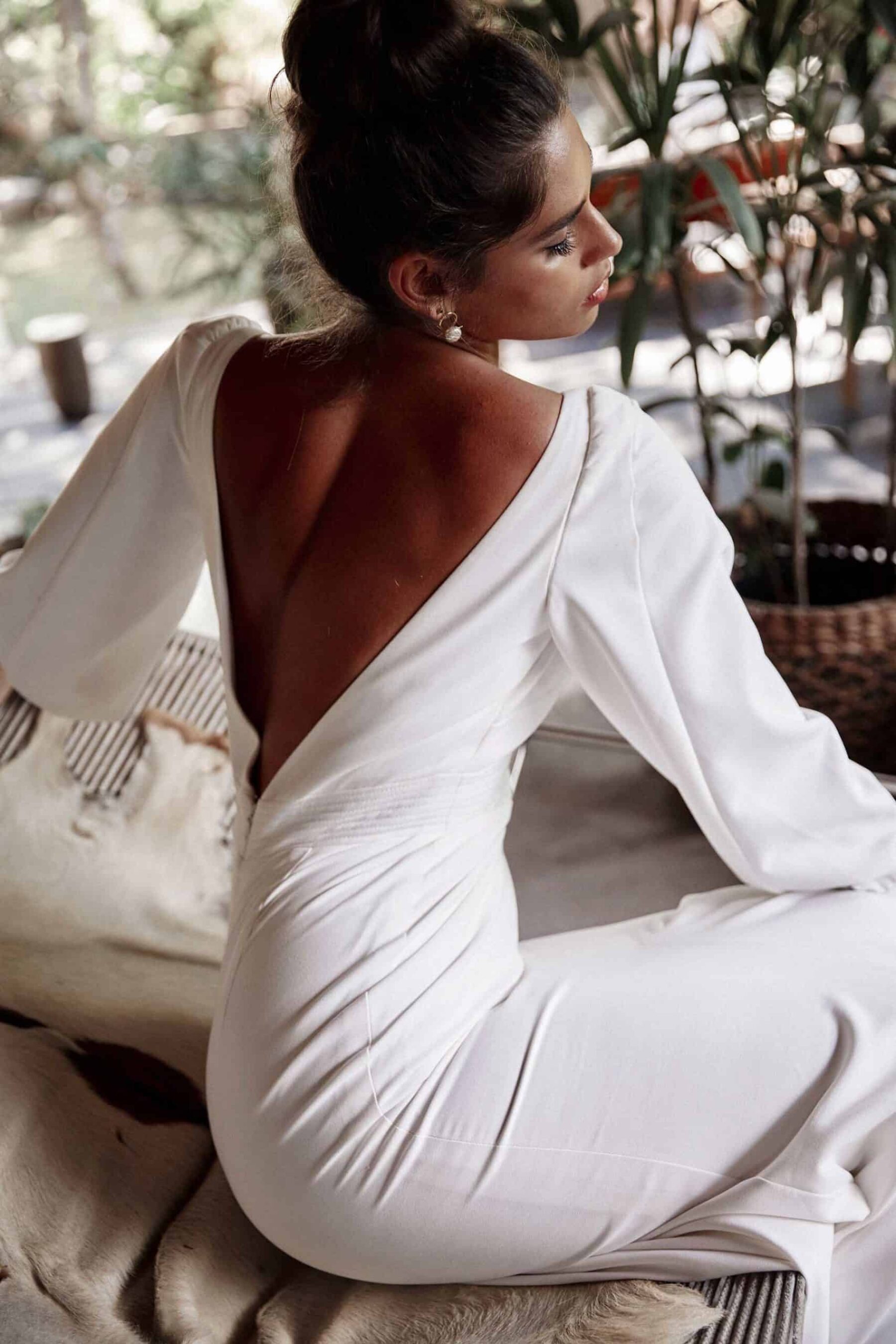 modern long-sleeve backless wedding dress