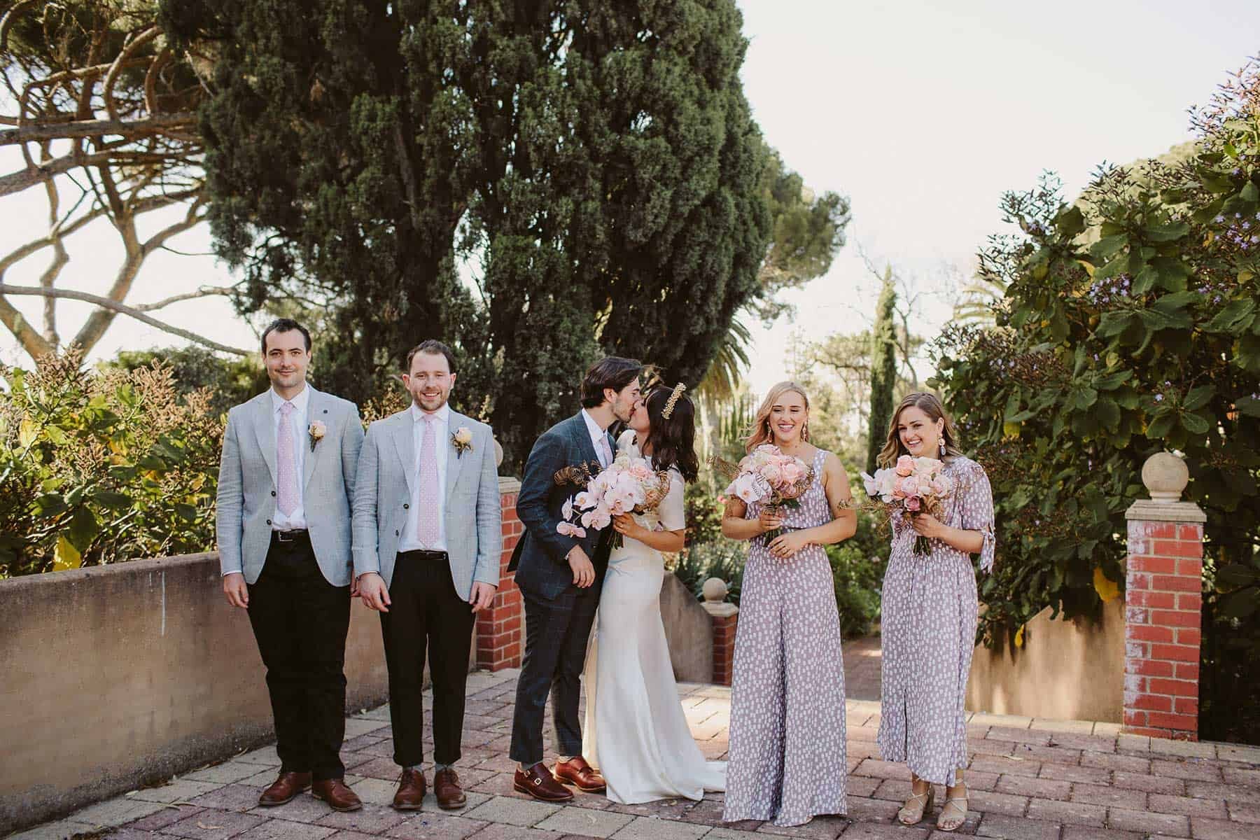 modern bridal party in pastel blue and lilac