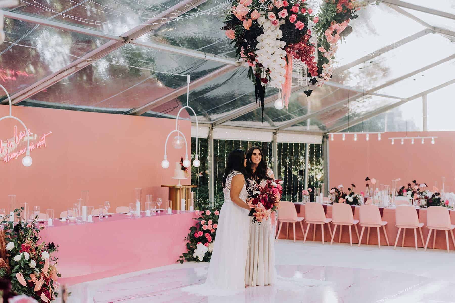 pink bridal table with pink chairs