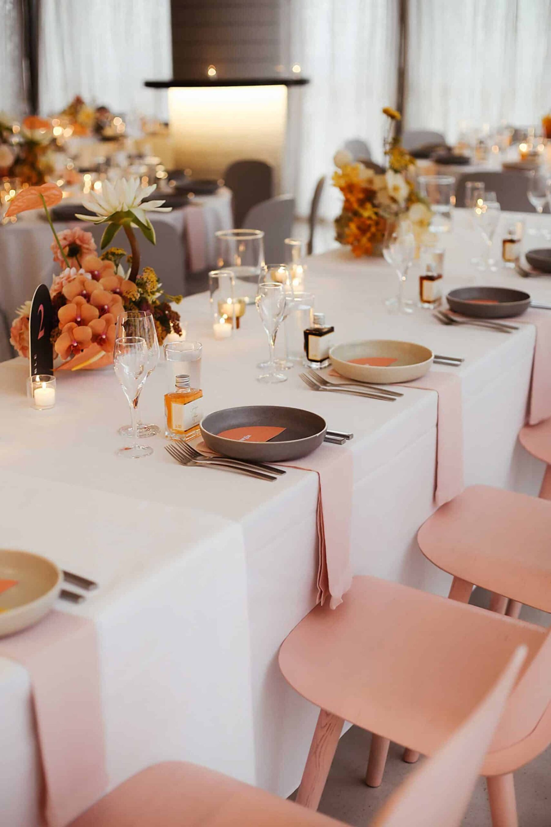 modern bridal table with pink chairs