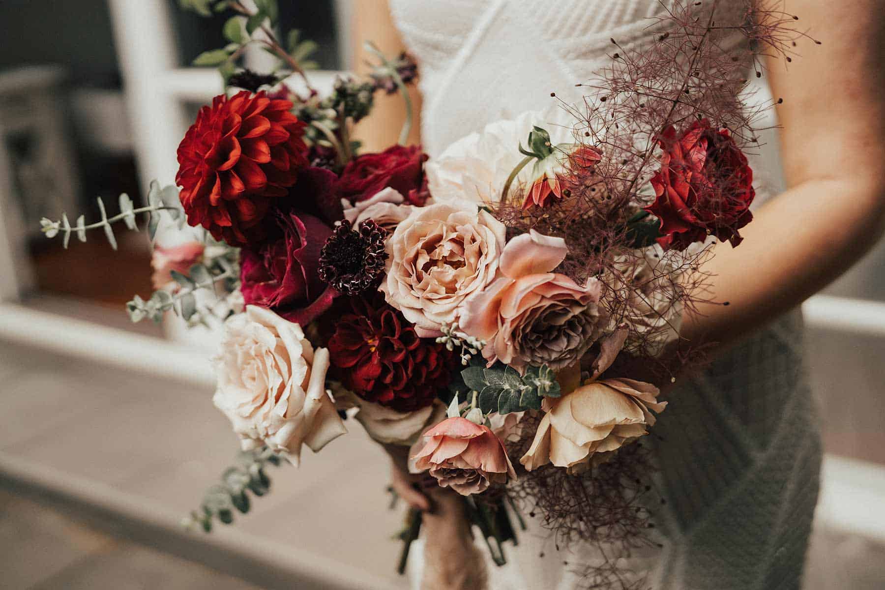 unstructured blush and burgundy bridal bouquet
