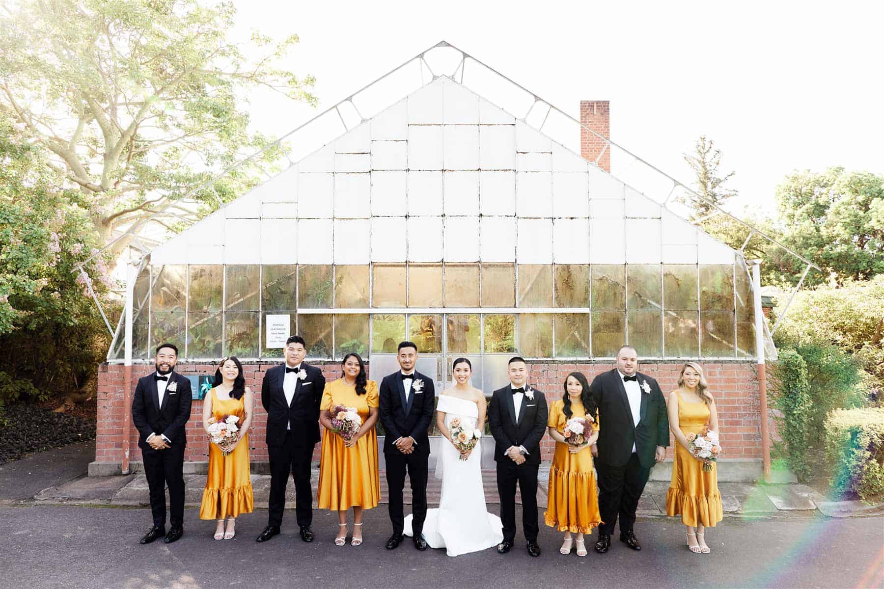 modern bridal party with mustard-yellow bridesmaid dresses