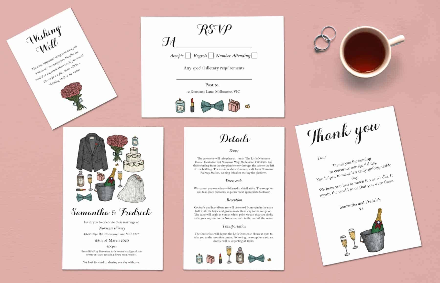 whimsical hand-illustrated wedding invitations