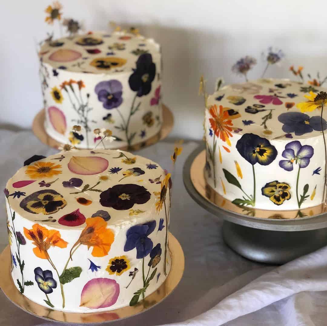 Pressed flower single tier wedding cakes