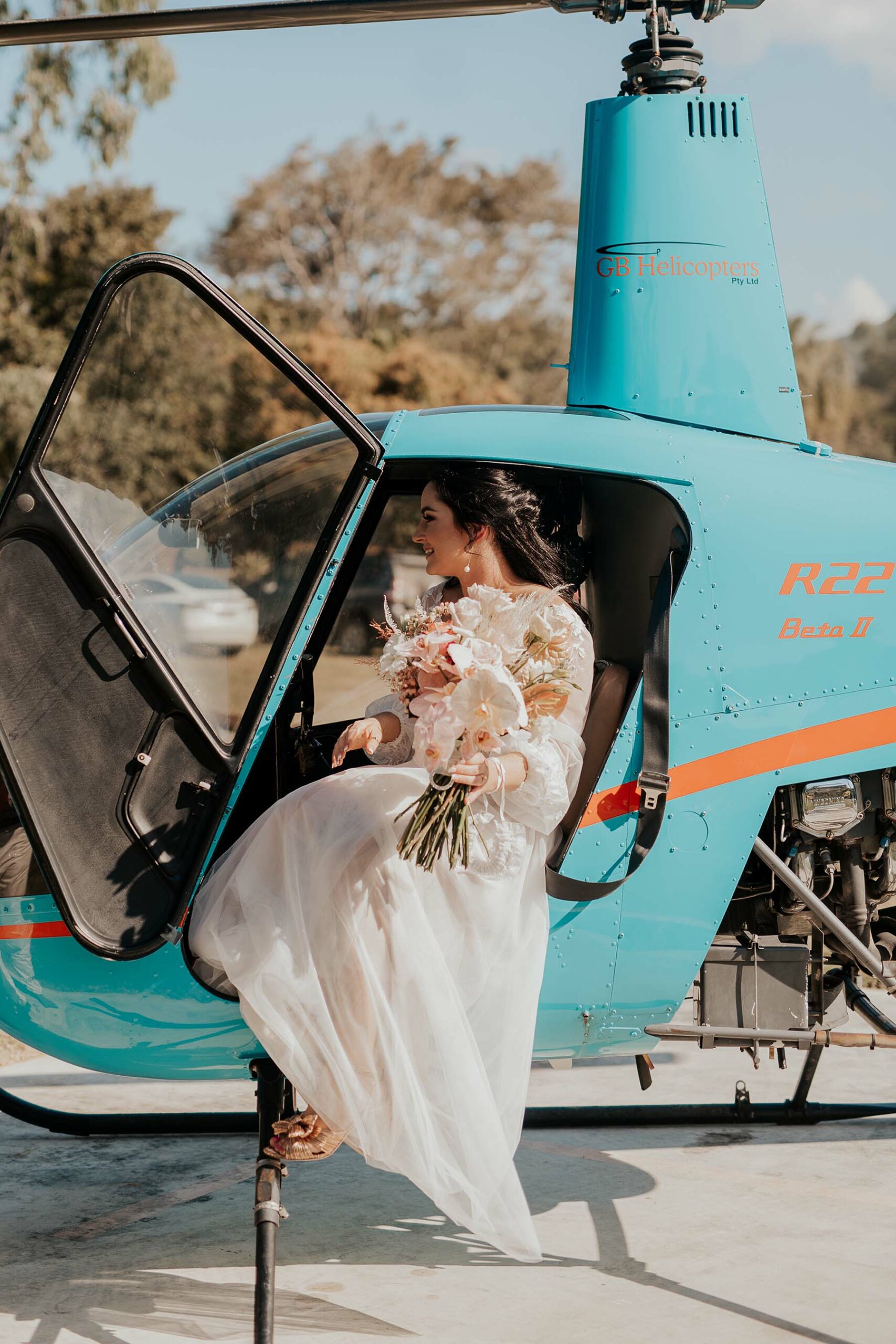Bride coming out of helicopter
